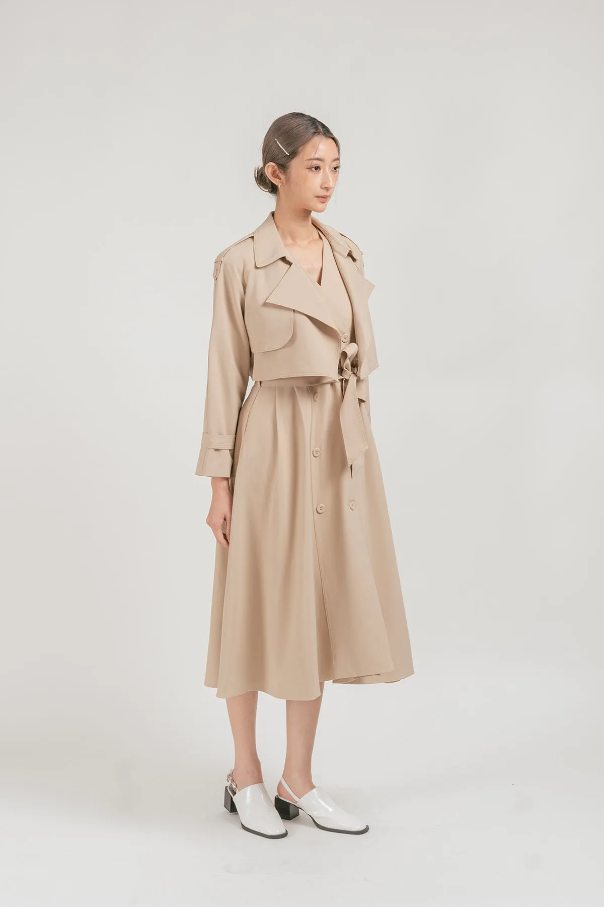 Evia Cropped Trench Coat with Sleeveless Maxi Dress