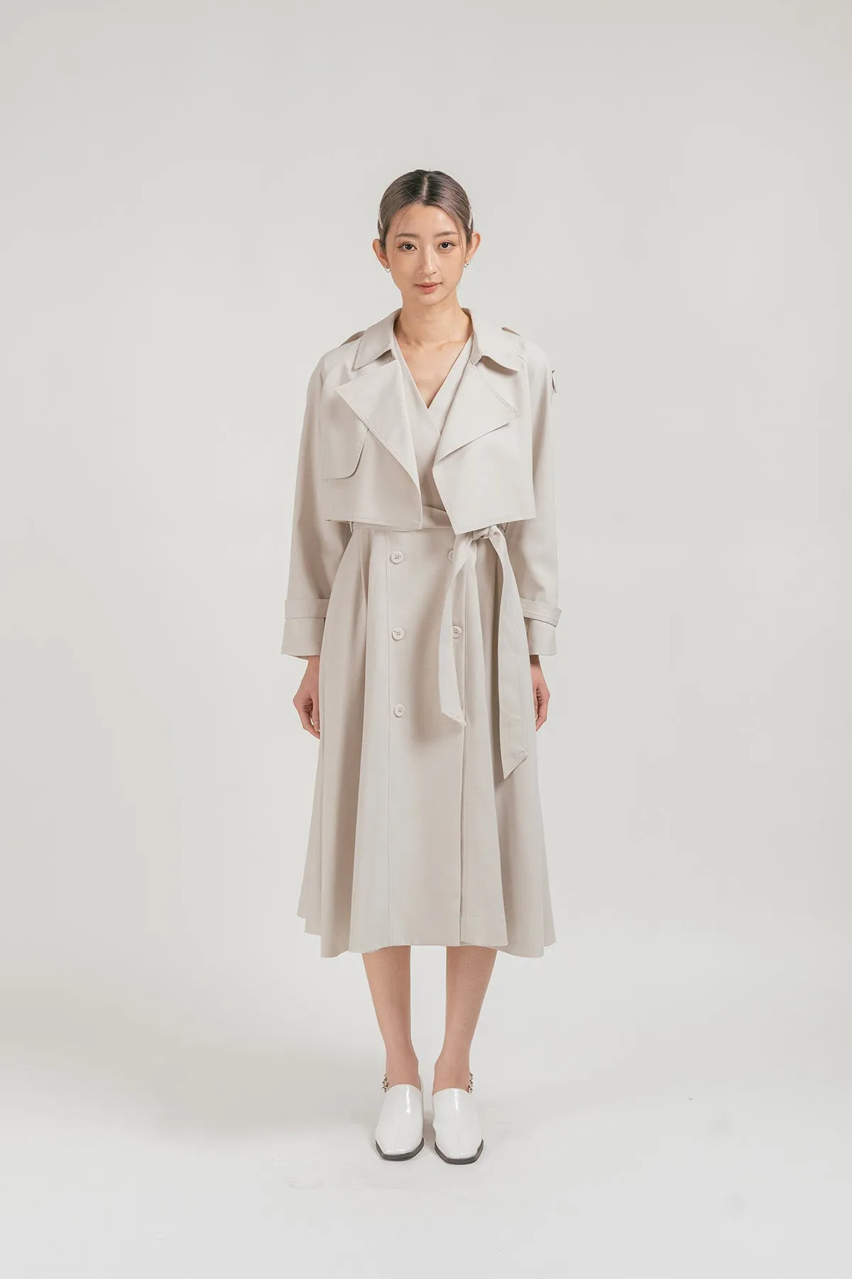 Evia Cropped Trench Coat with Sleeveless Maxi Dress