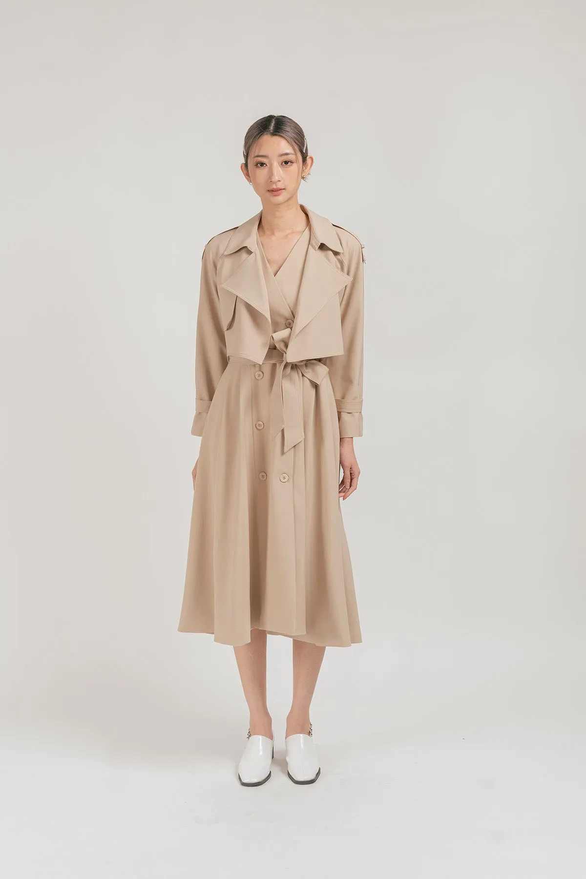 Evia Cropped Trench Coat with Sleeveless Maxi Dress