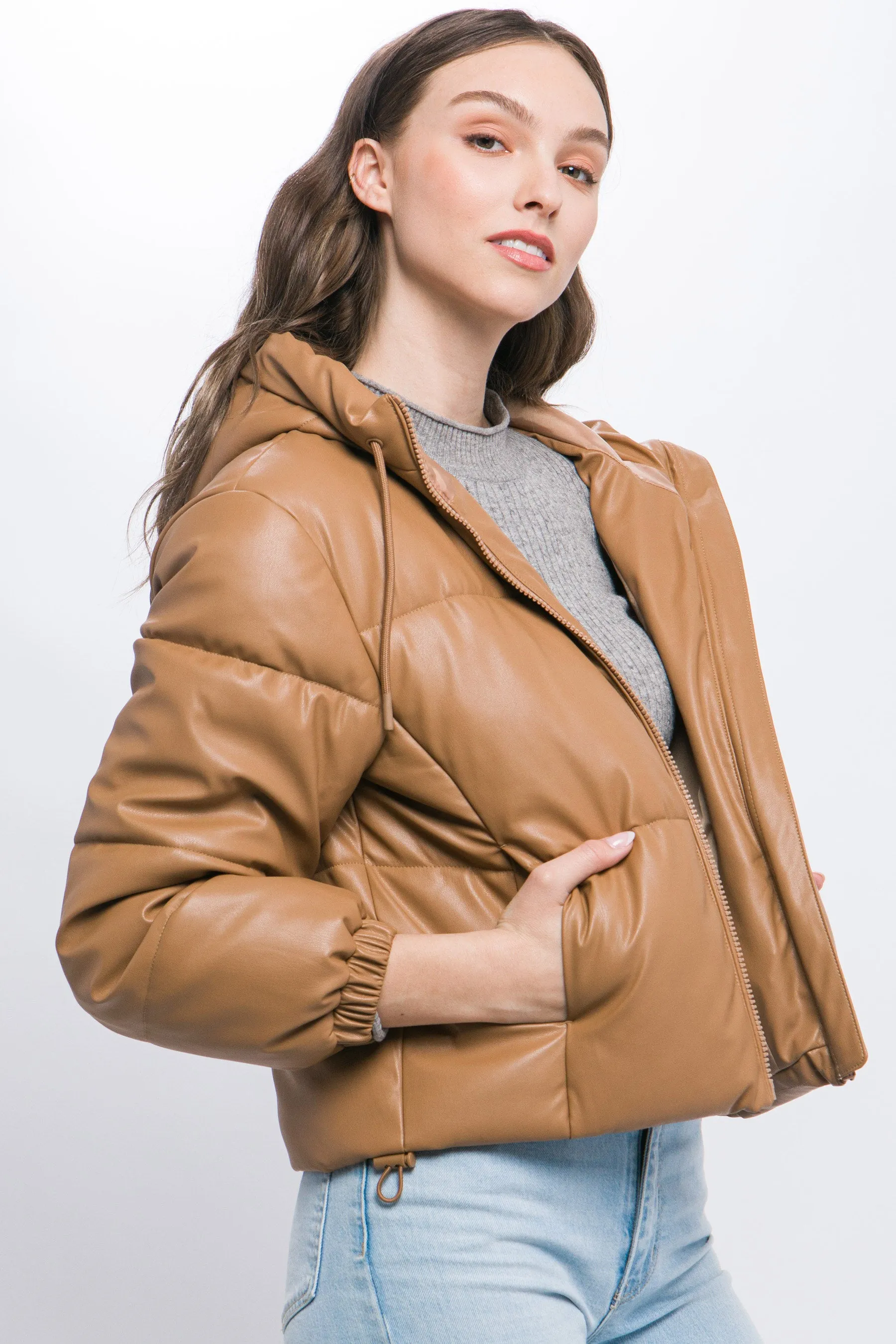 Faux Leather Zip Up Hooded Puffer Jacket