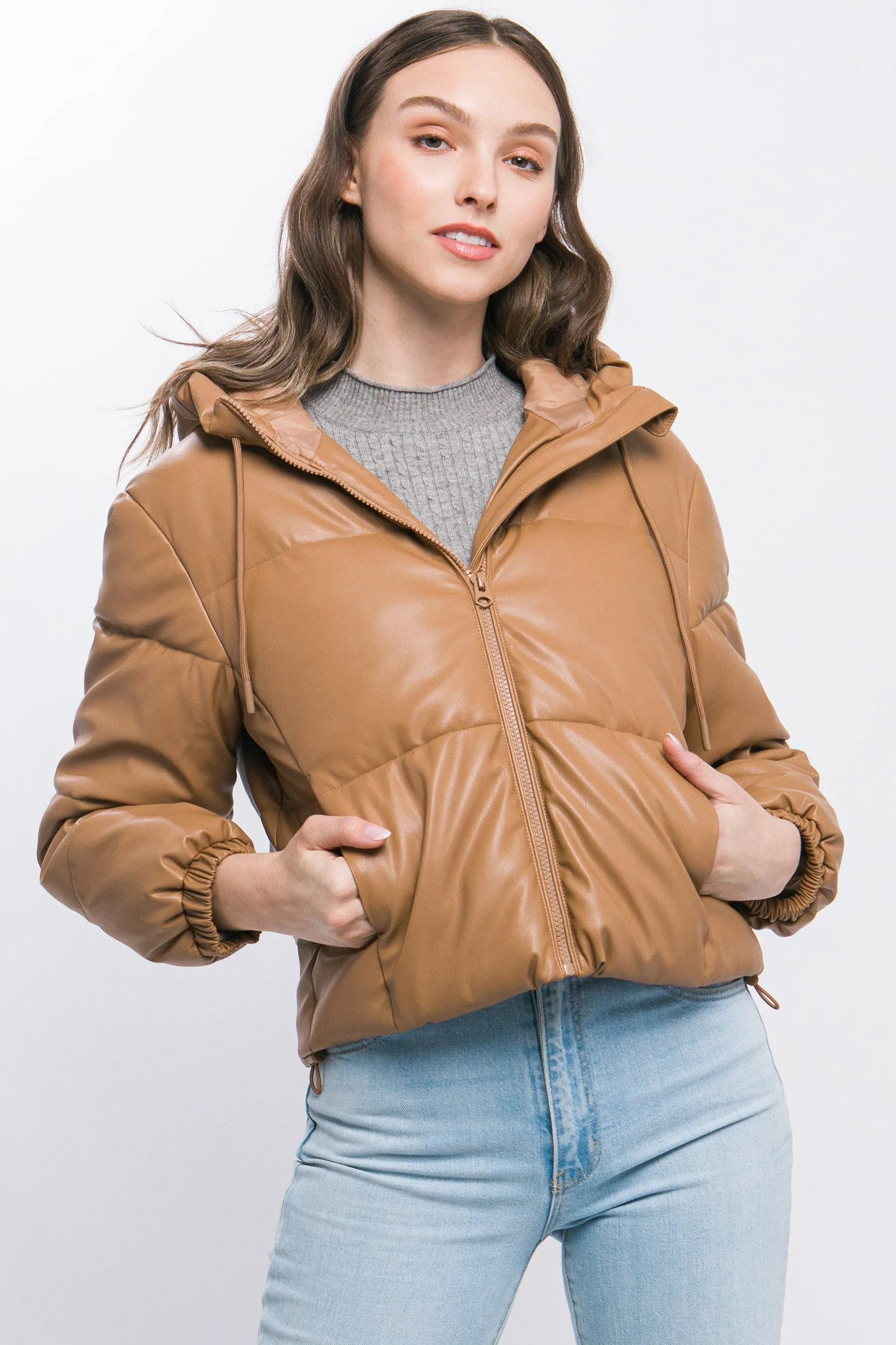 Faux Leather Zip Up Hooded Puffer Jacket