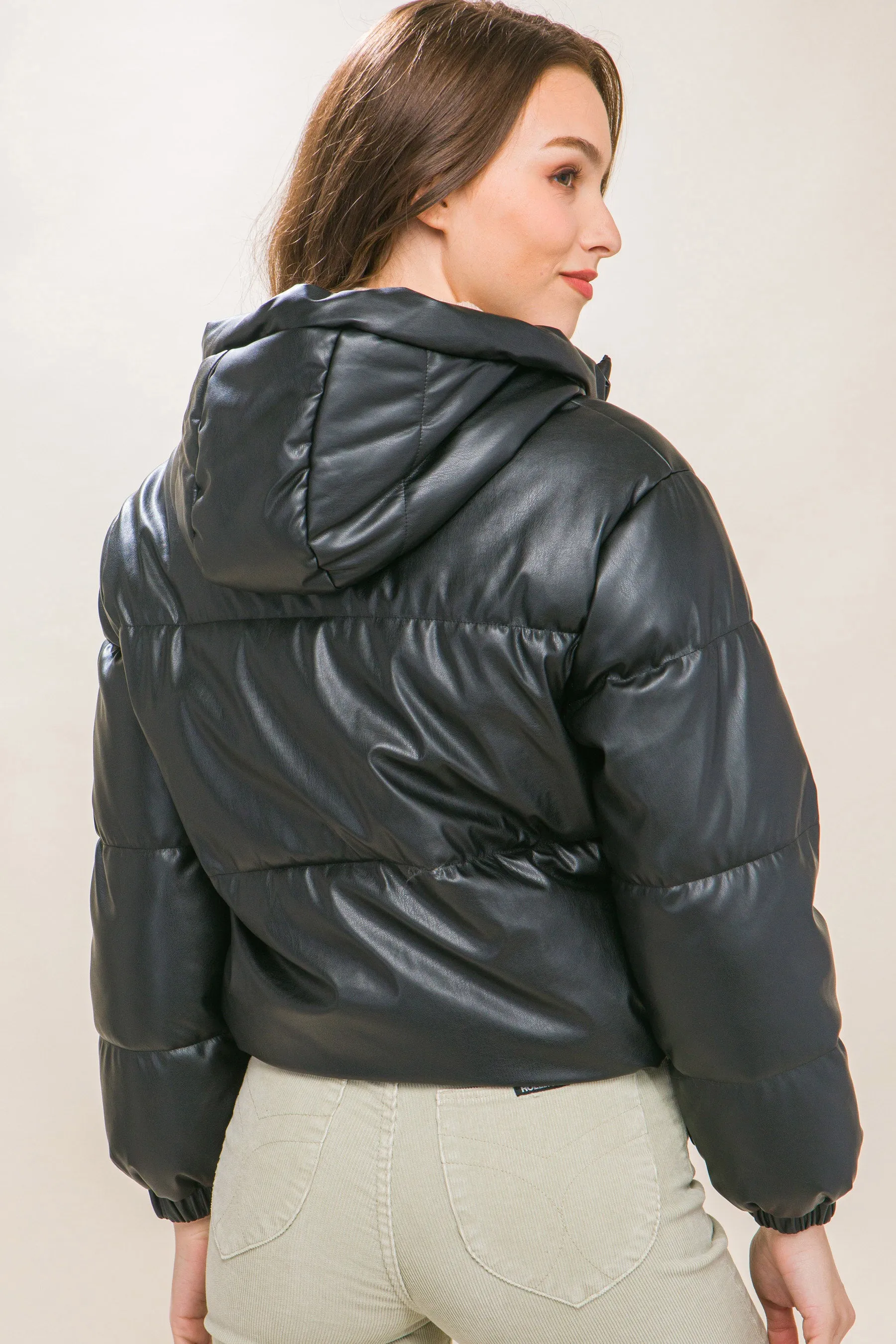 Faux Leather Zip Up Hooded Puffer Jacket