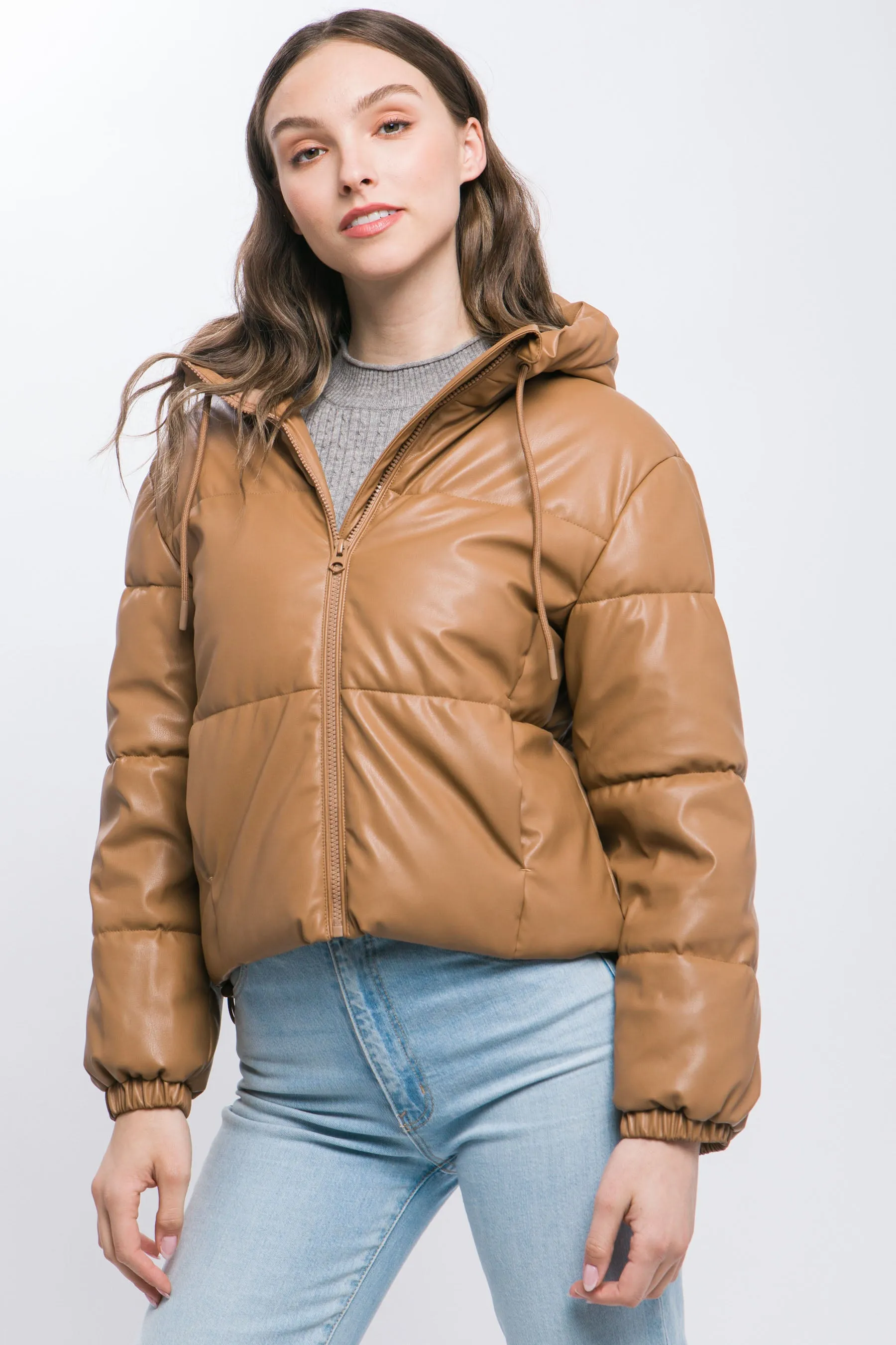 Faux Leather Zip Up Hooded Puffer Jacket