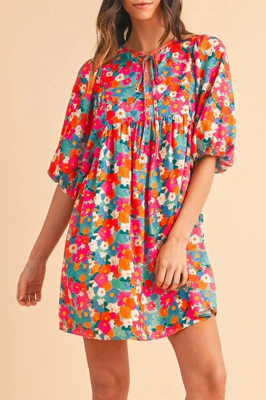 Floral Tie Split Neck Bubble Sleeve Babydoll Dress