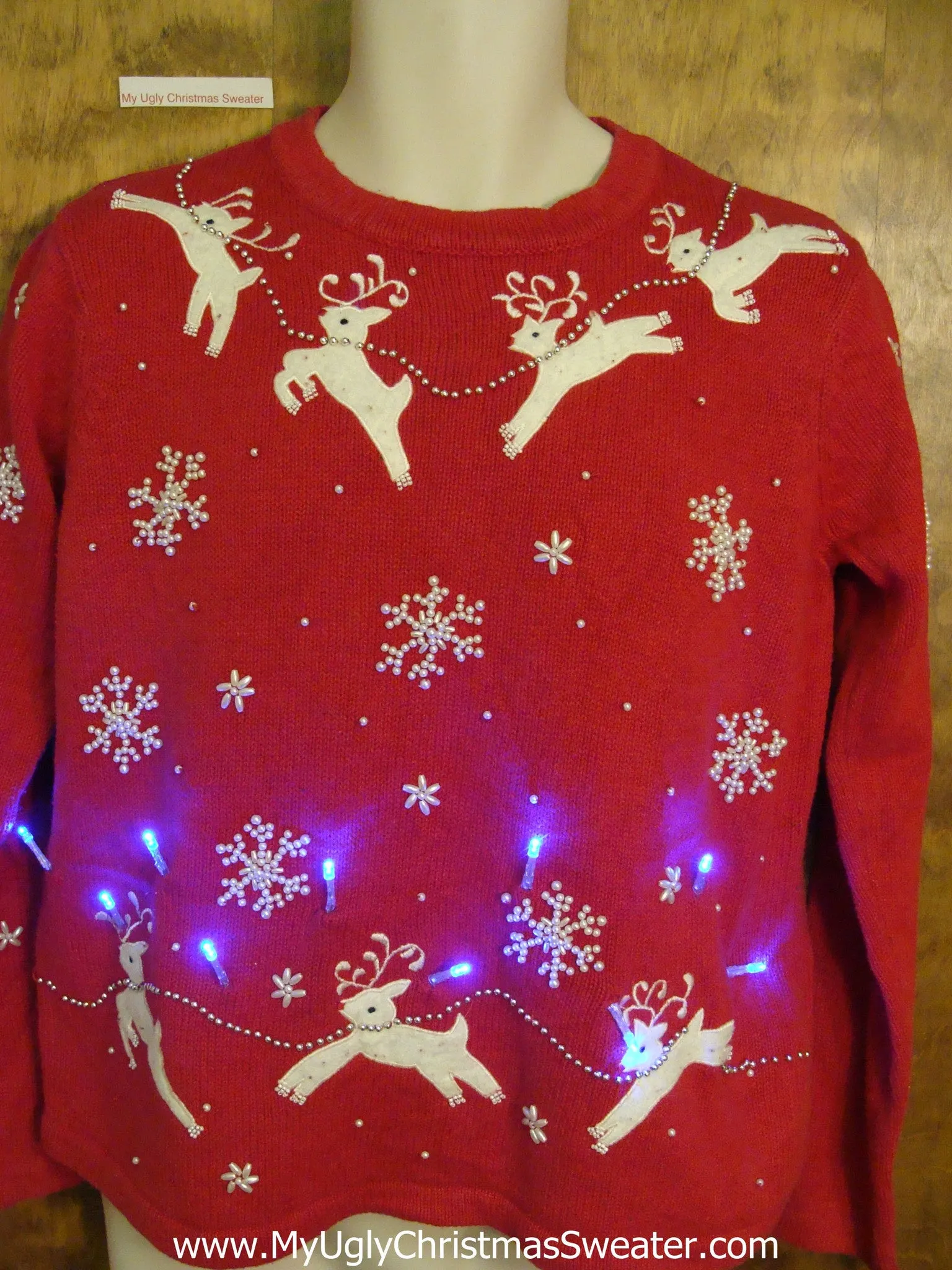 Flying Reindeer Light Up Red Ugly Xmas Sweater