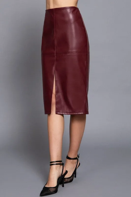 Front Slit Faux Leather Midi Skirt