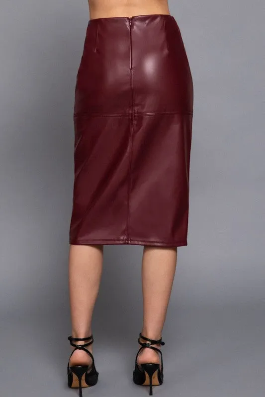 Front Slit Faux Leather Midi Skirt