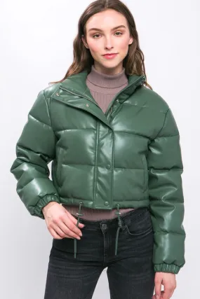 Green PU Faux Leather Puffer Jacket With Snap Closure