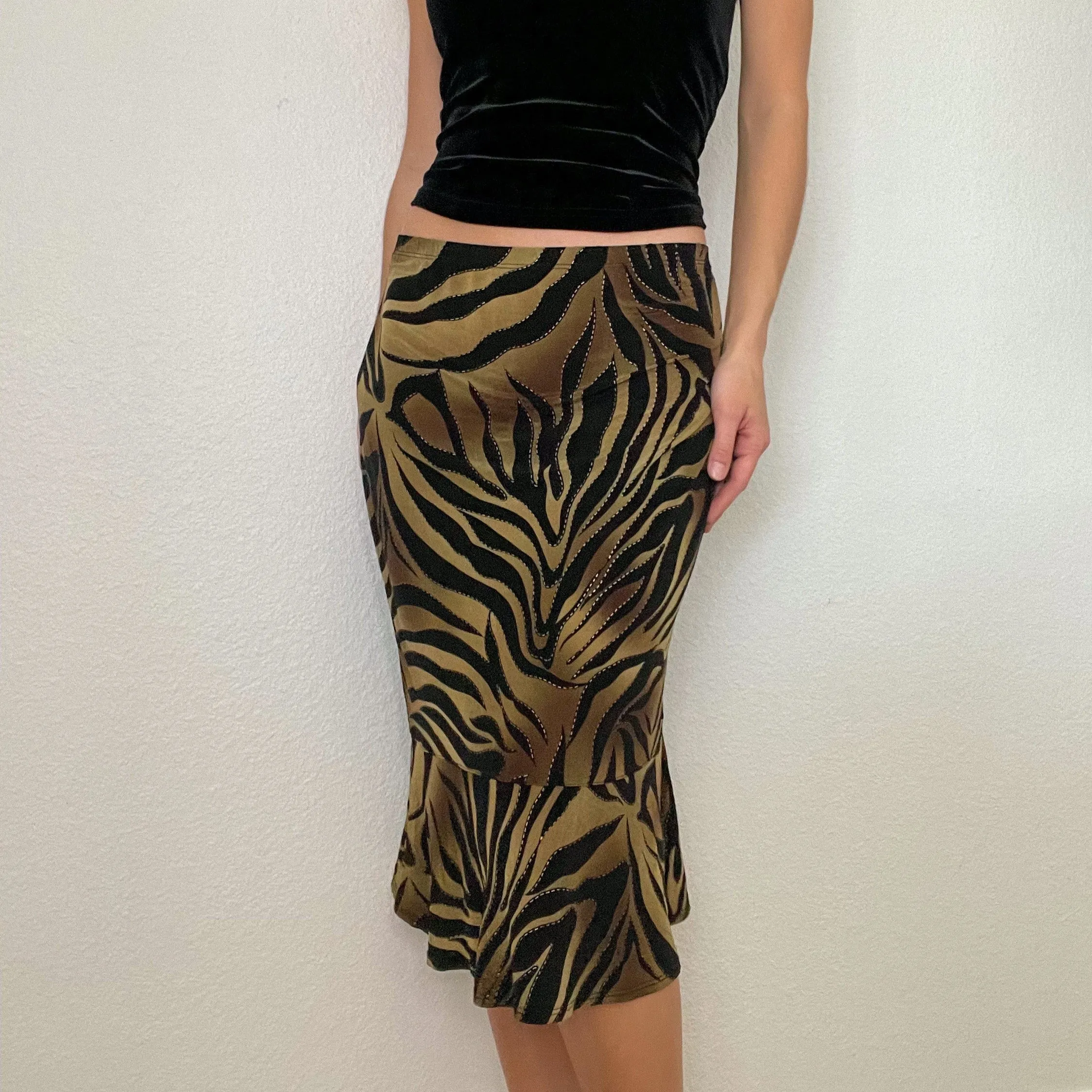 Green Zebra Print Y2K Midi Skirt