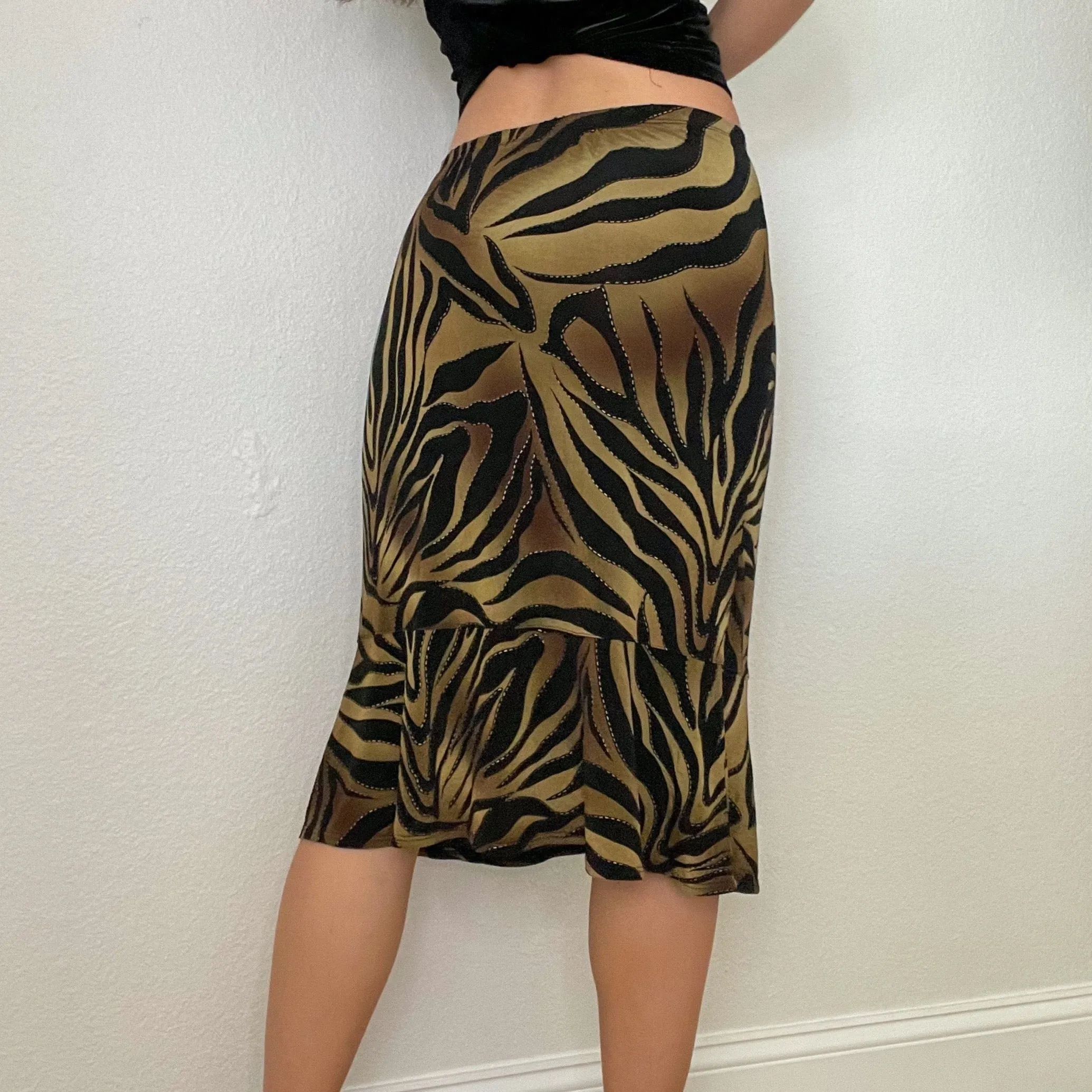 Green Zebra Print Y2K Midi Skirt