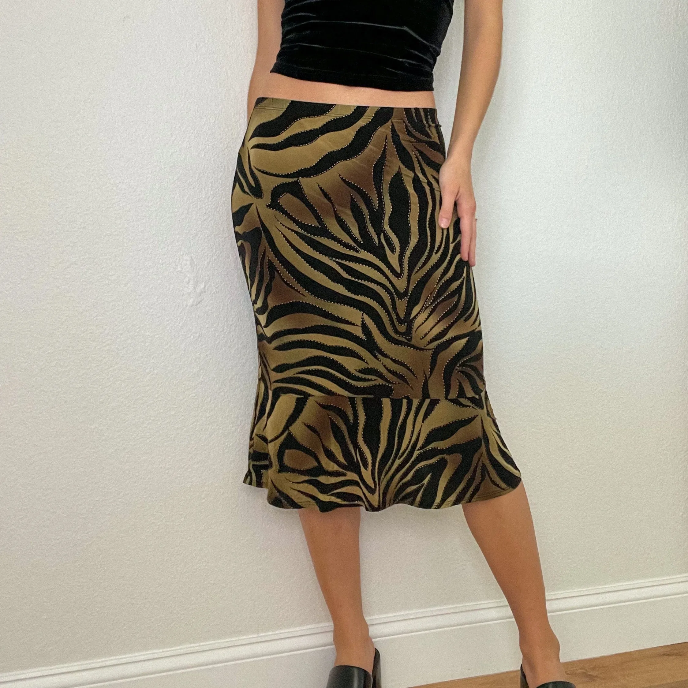 Green Zebra Print Y2K Midi Skirt