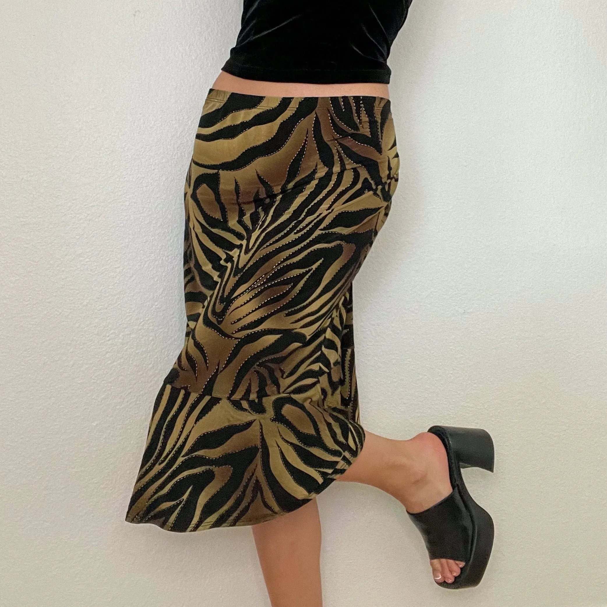 Green Zebra Print Y2K Midi Skirt