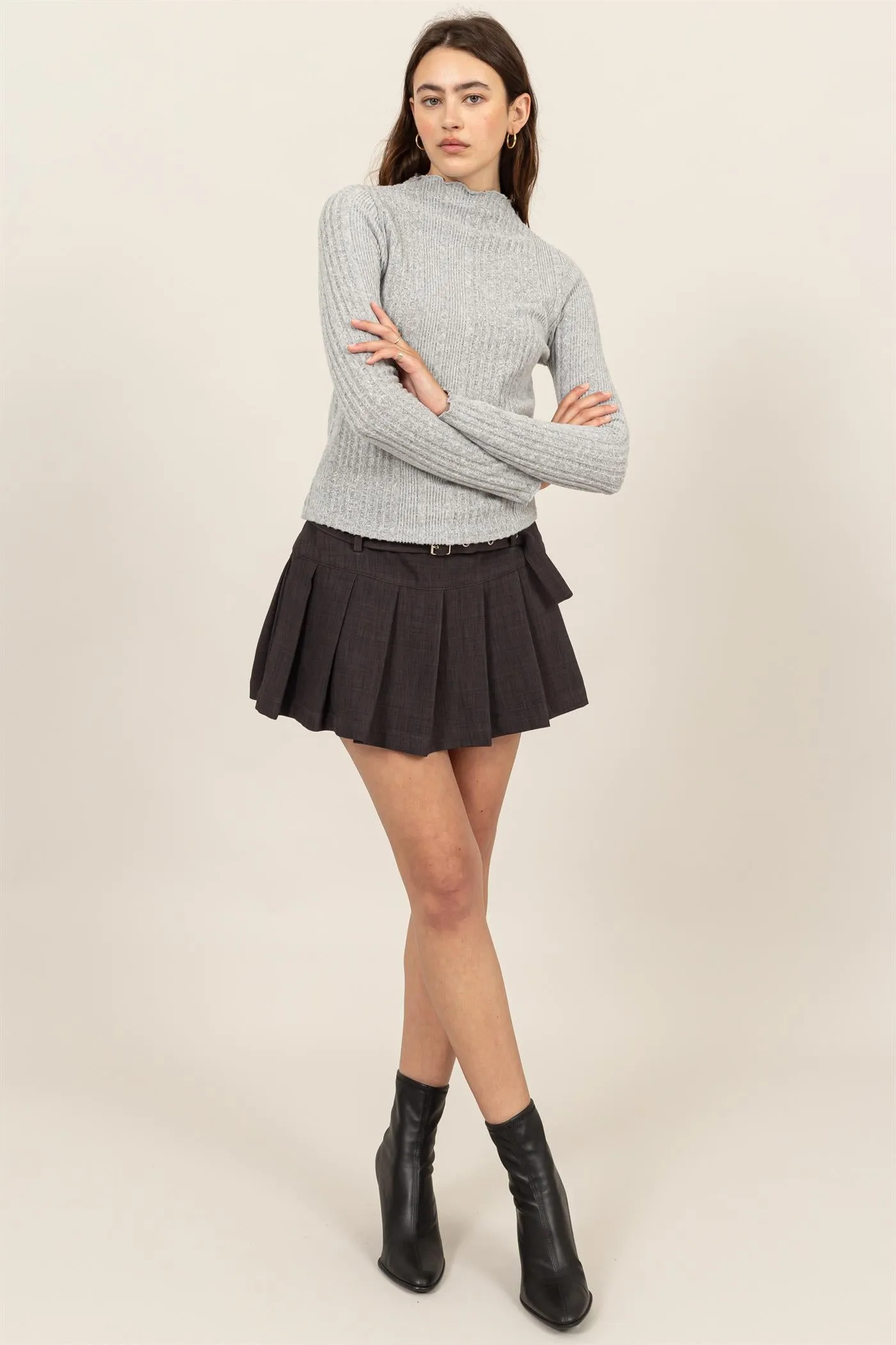 HF24E628-MOCK NECK RIBBED SWEATER