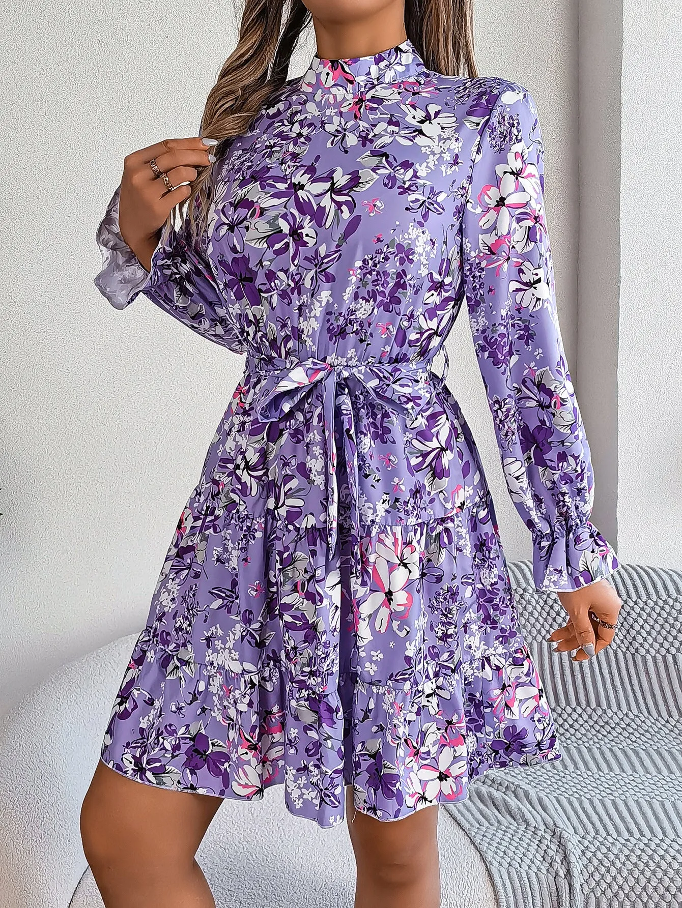 High Neck Floral Cinched Waist Long Sleeve Ruffle A-Line Midi Dress