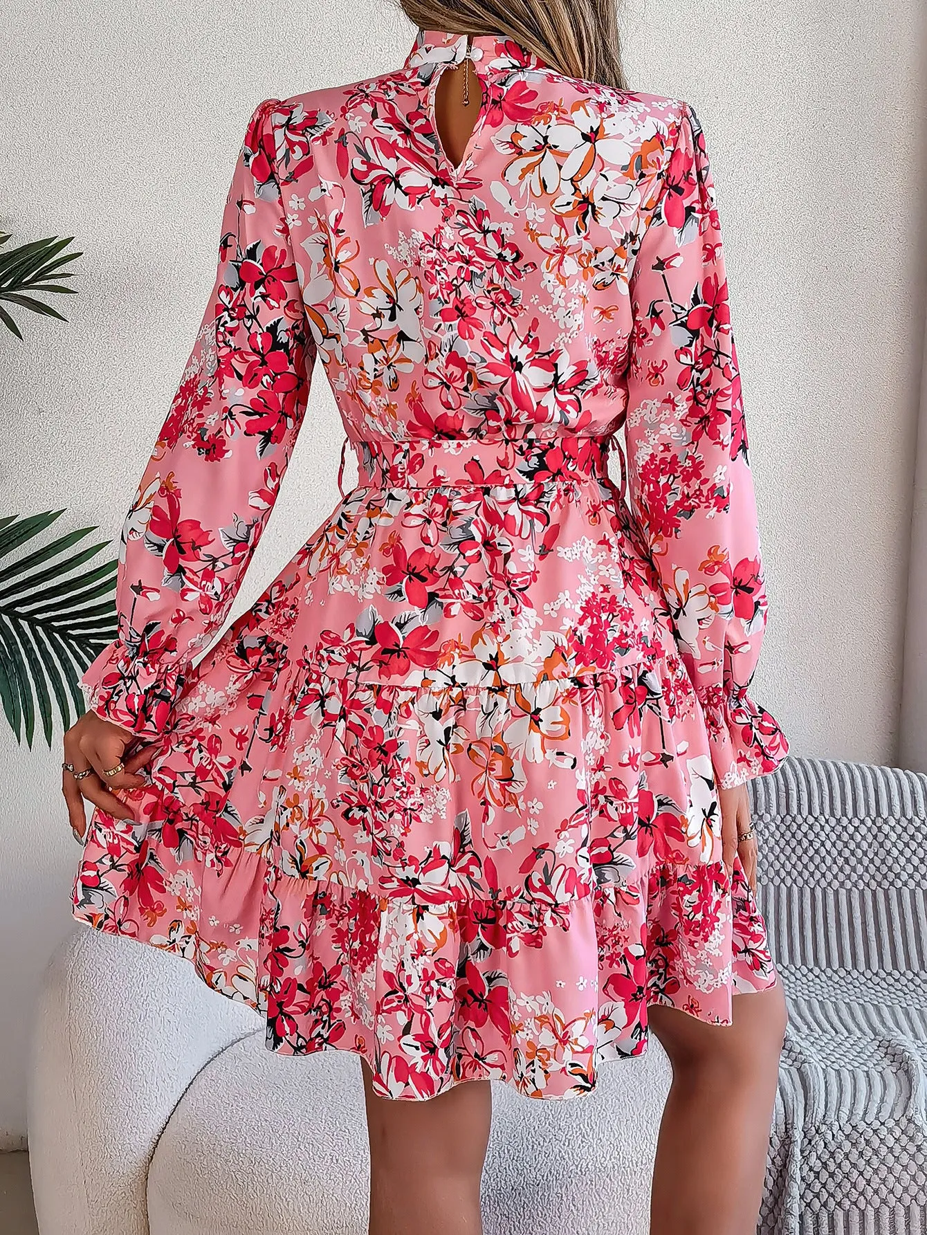 High Neck Floral Cinched Waist Long Sleeve Ruffle A-Line Midi Dress