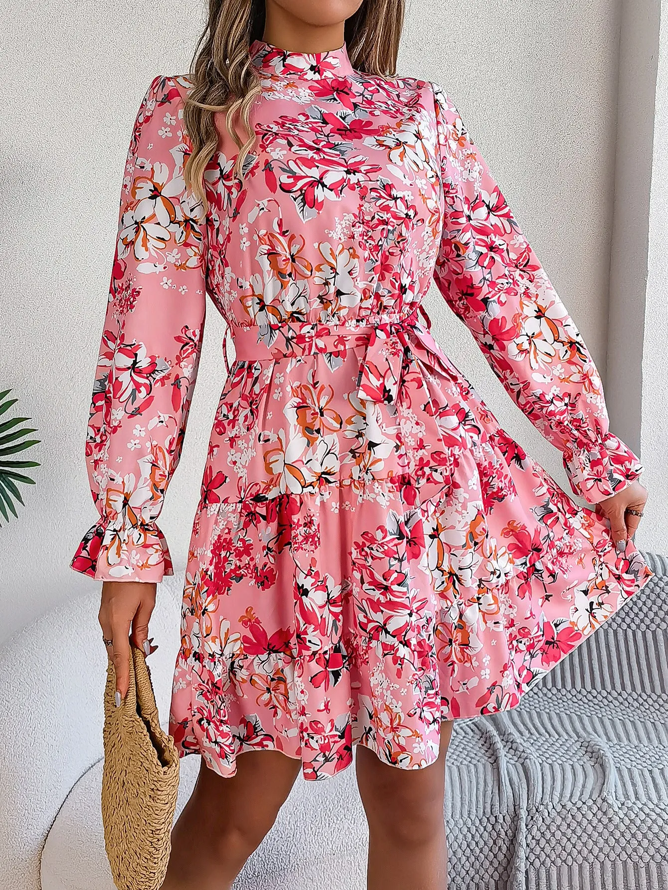 High Neck Floral Cinched Waist Long Sleeve Ruffle A-Line Midi Dress