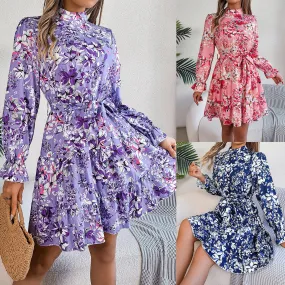 High Neck Floral Cinched Waist Long Sleeve Ruffle A-Line Midi Dress