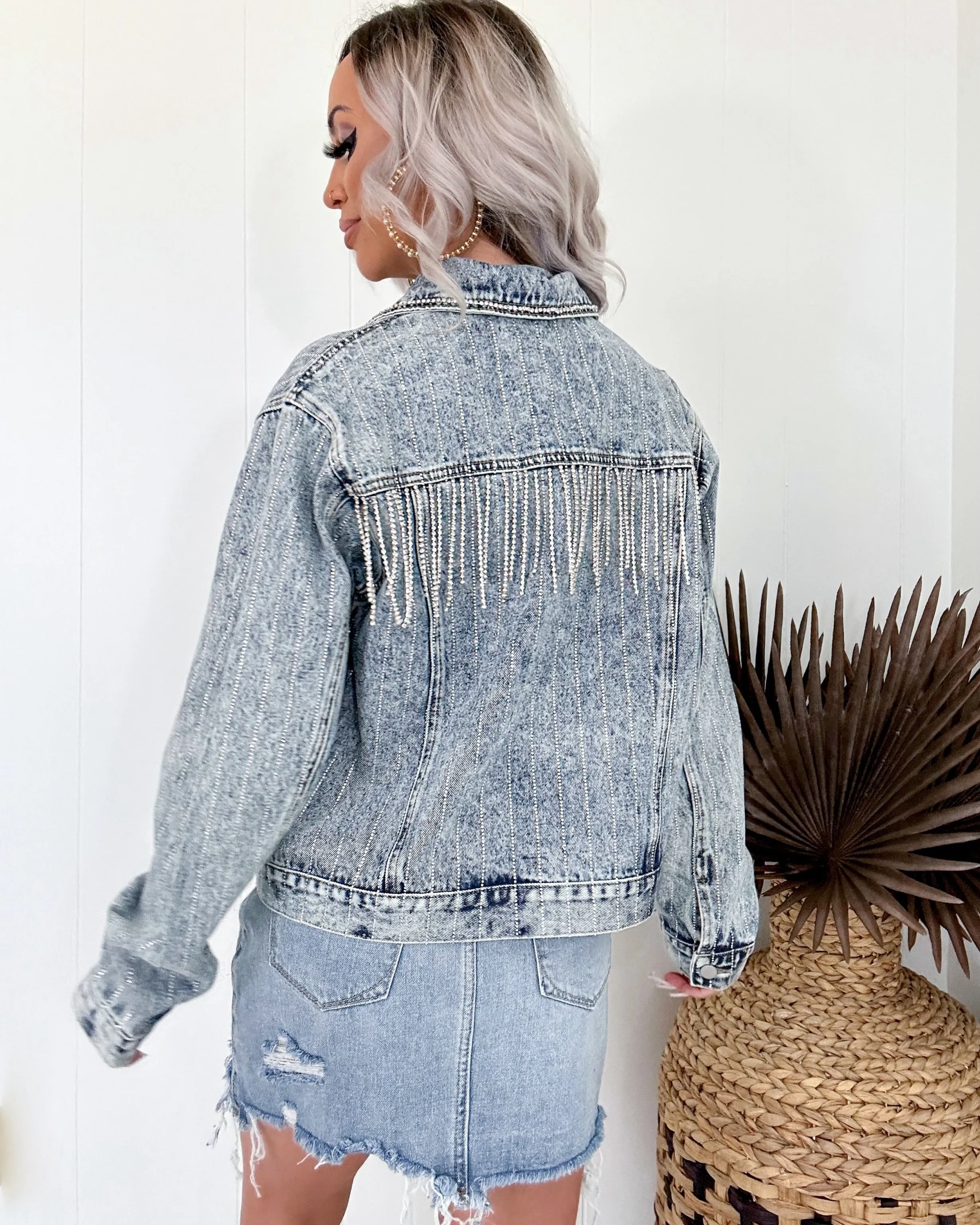 Hot Fix Rhinestone Fringe Denim Jacket - Light Wash