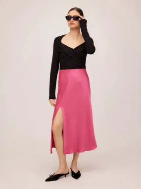 Hot Pink Satin Midi Skirt