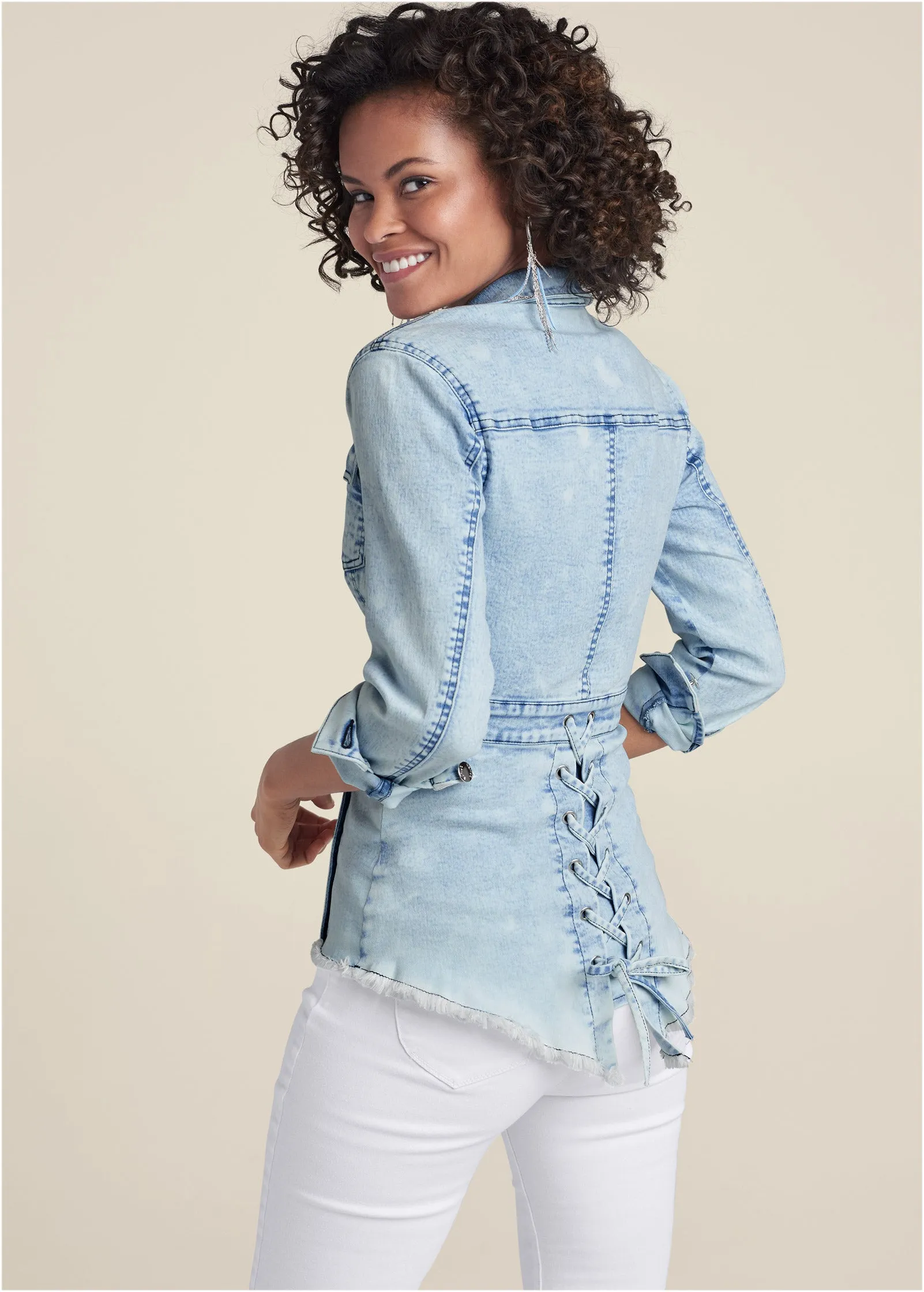 Lace-Up Back Denim Top - Denim Multi