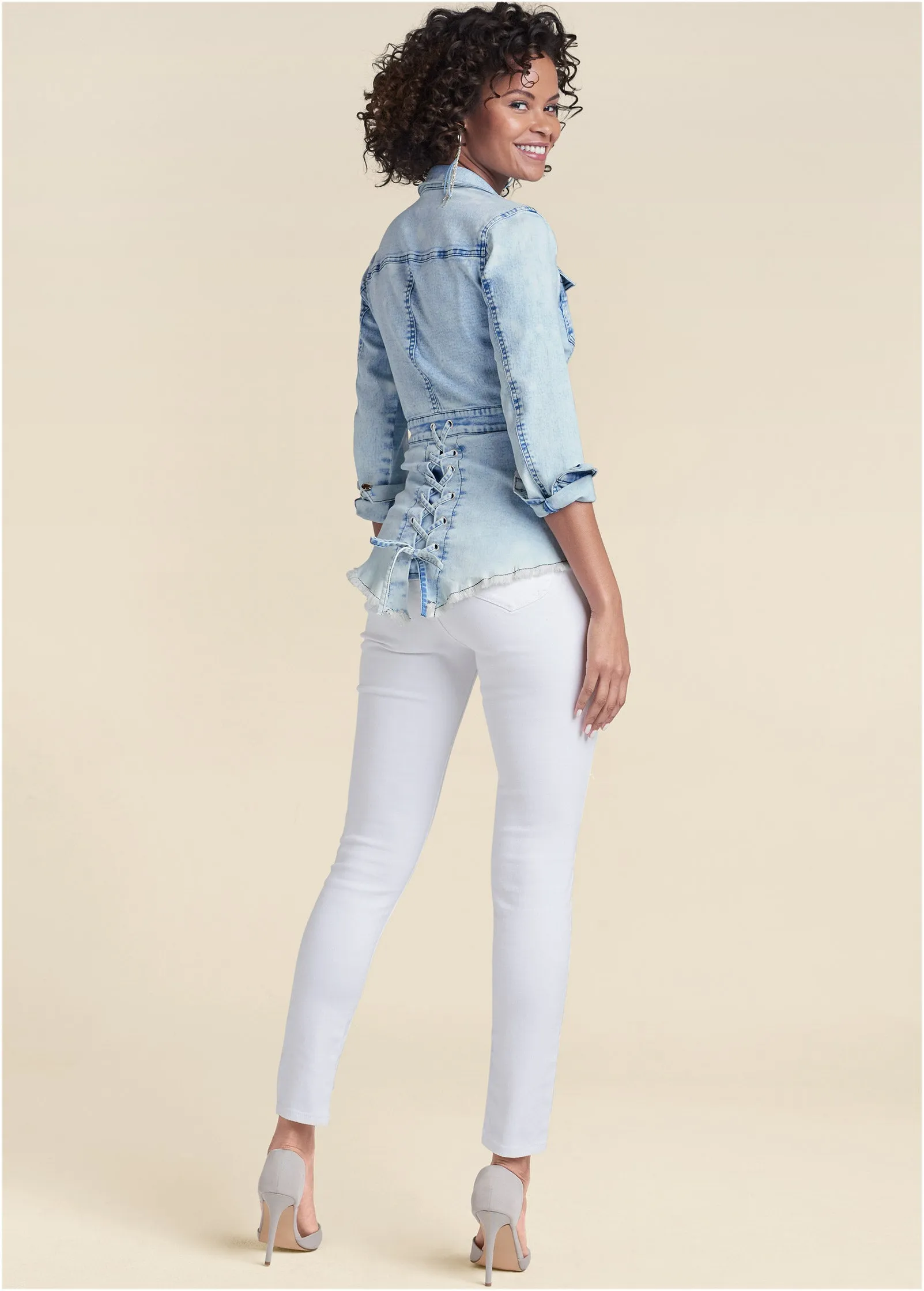 Lace-Up Back Denim Top - Denim Multi