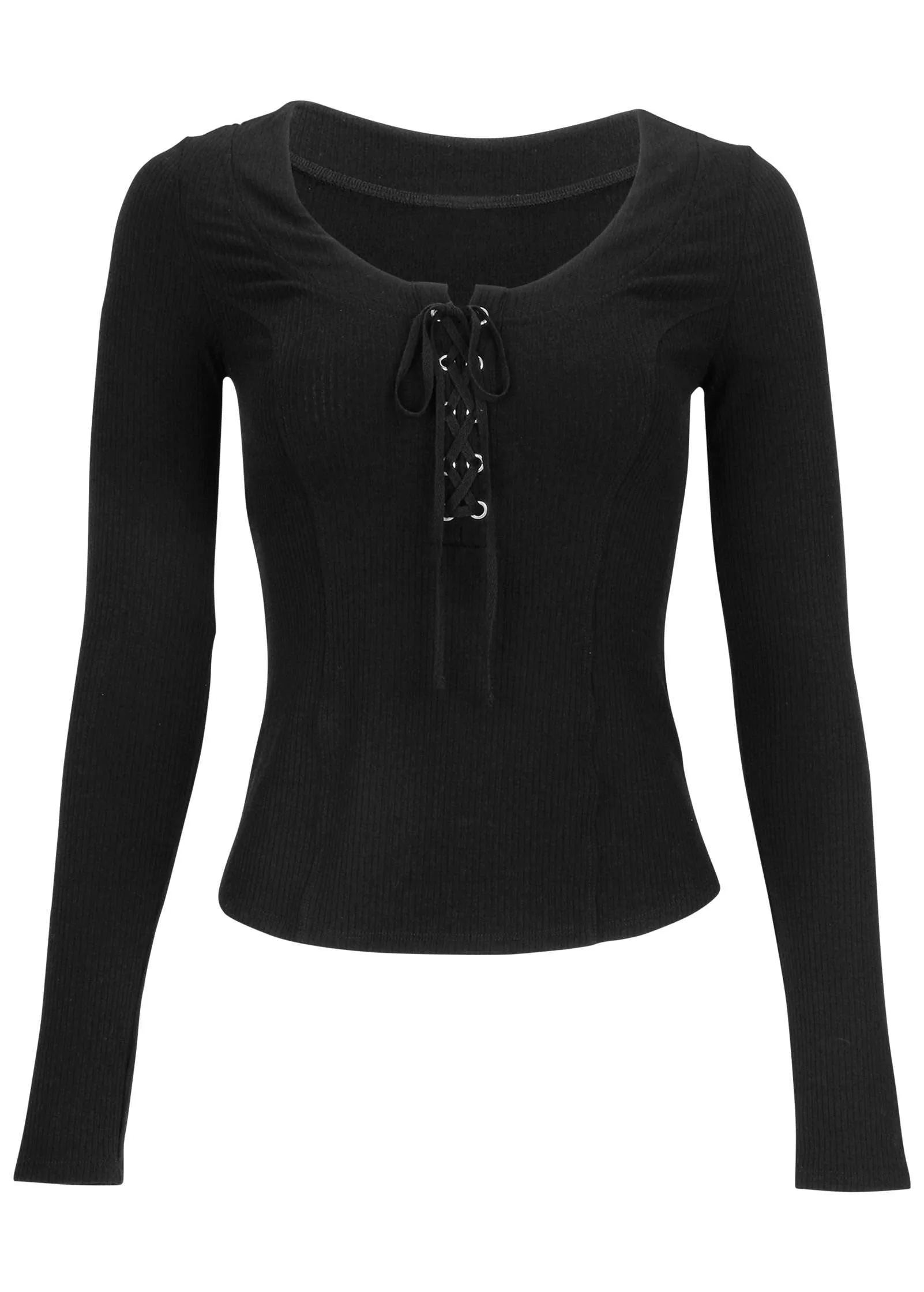 Lace-Up Ribbed Top - Black