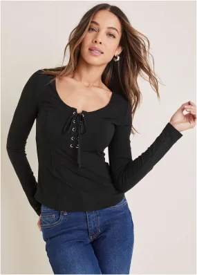 Lace-Up Ribbed Top - Black