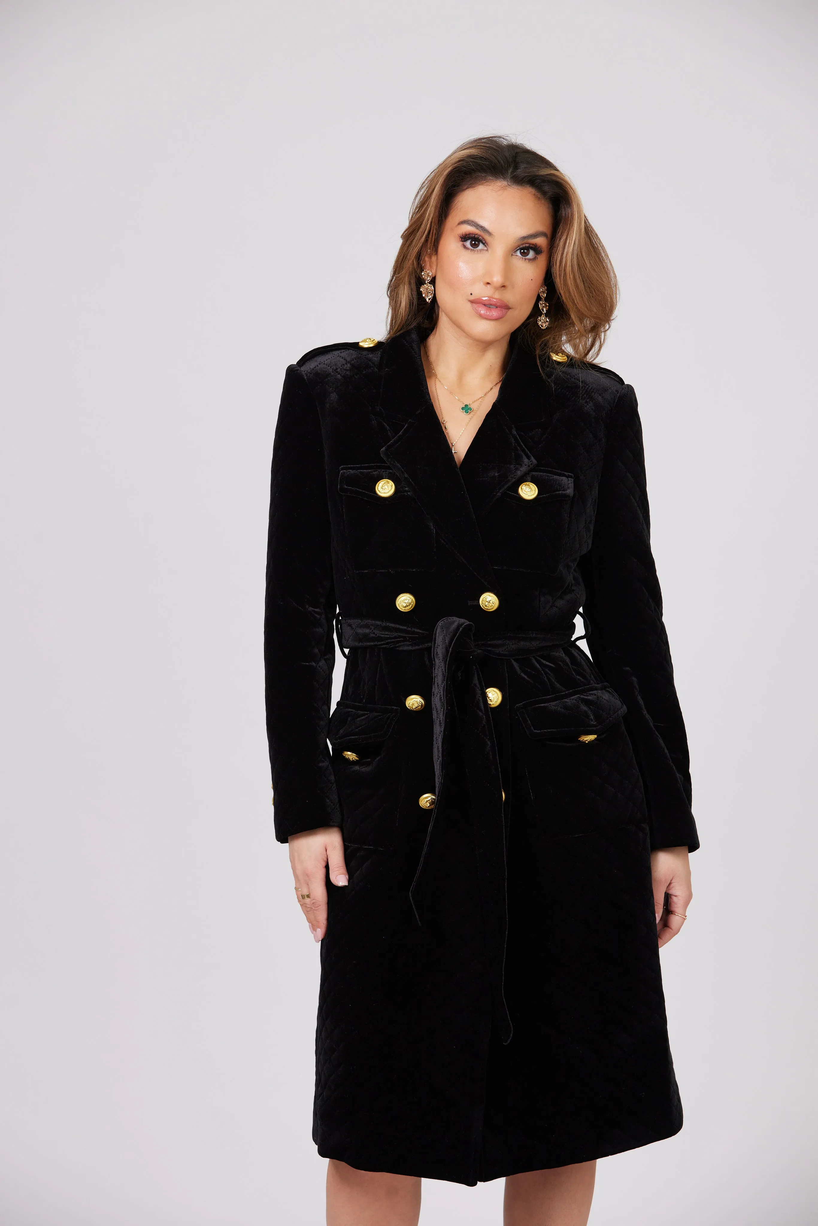 LOUJAIN MAXI BLACK VELVET TRENCH COAT