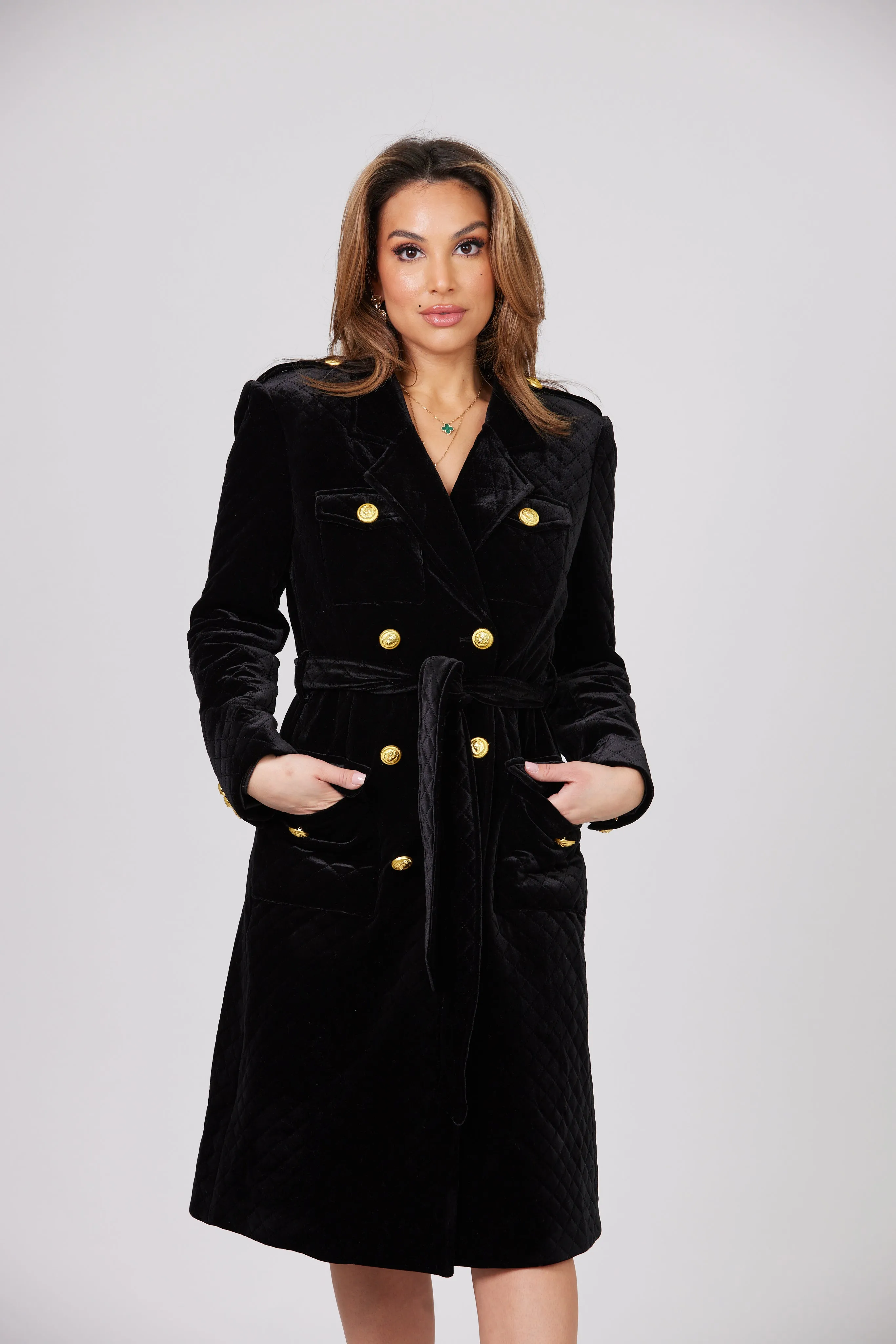 LOUJAIN MAXI BLACK VELVET TRENCH COAT