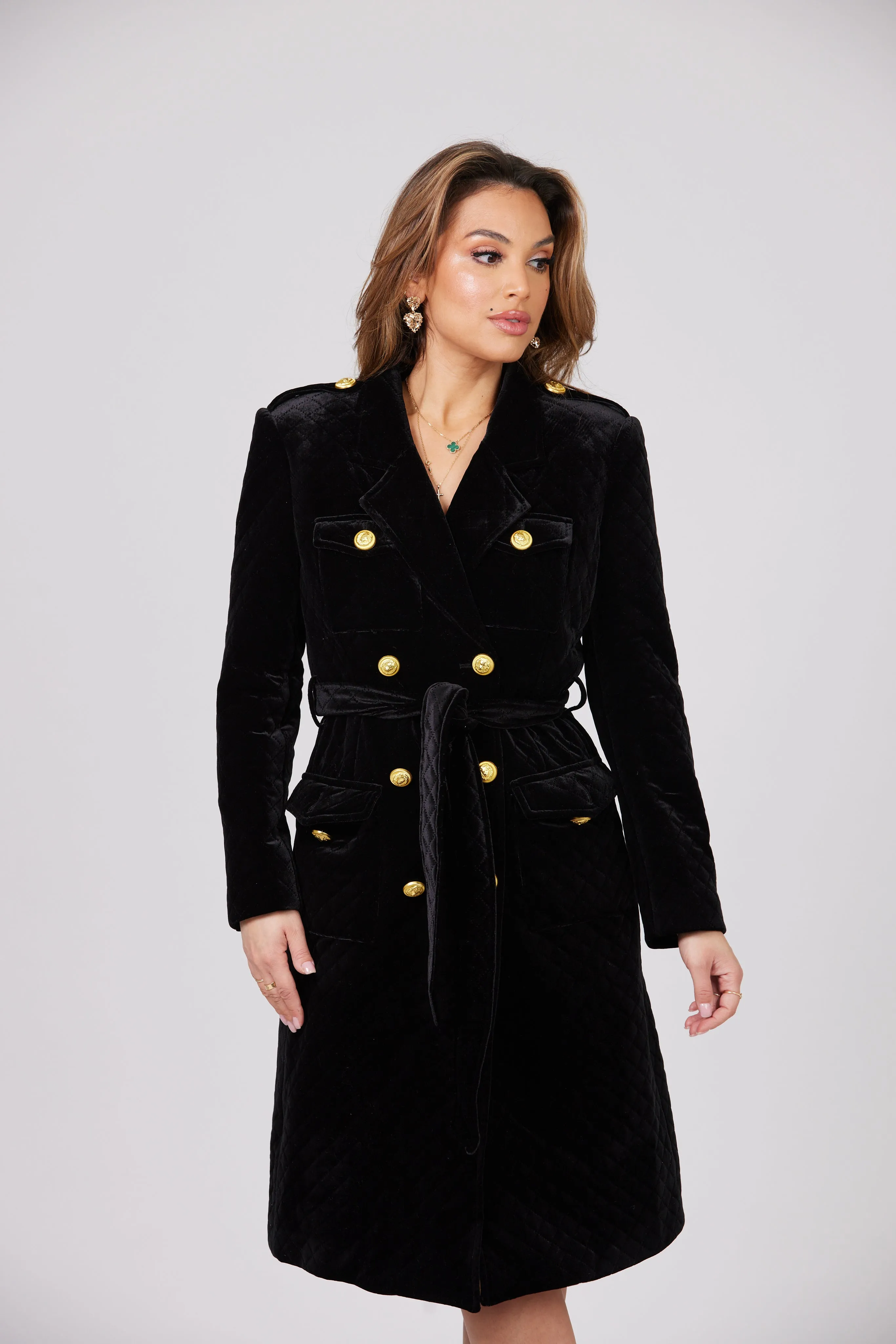 LOUJAIN MAXI BLACK VELVET TRENCH COAT