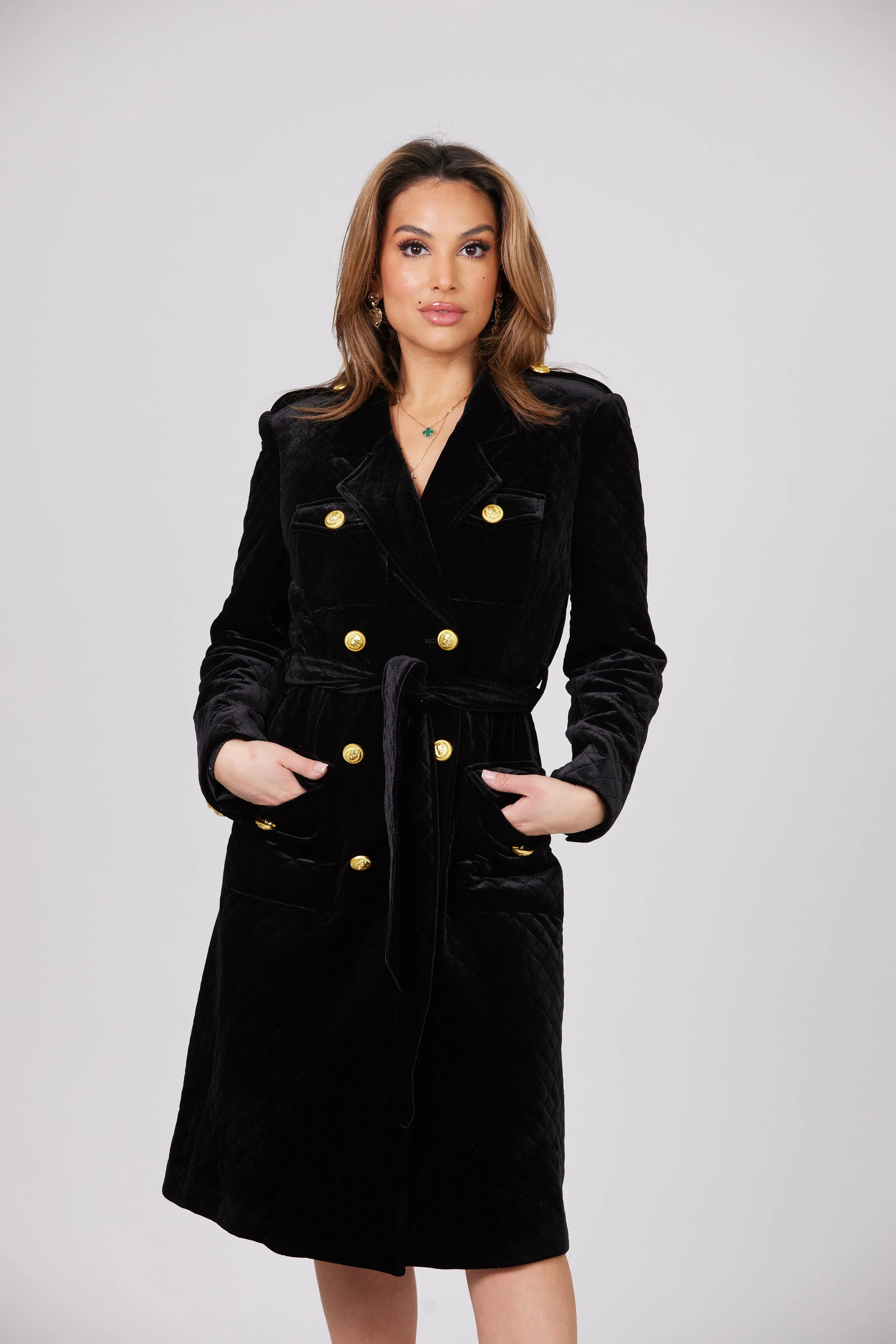 LOUJAIN MAXI BLACK VELVET TRENCH COAT