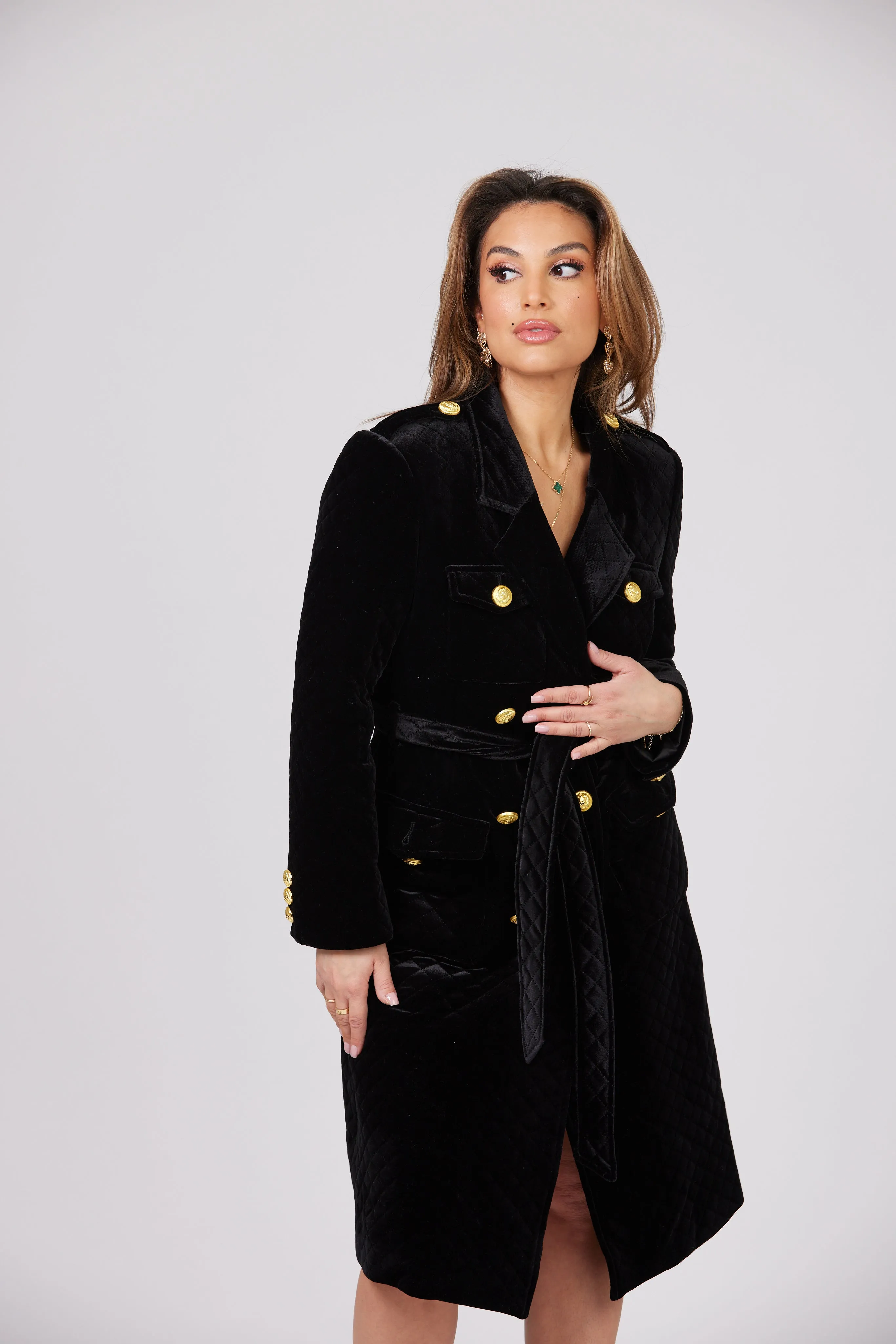 LOUJAIN MAXI BLACK VELVET TRENCH COAT