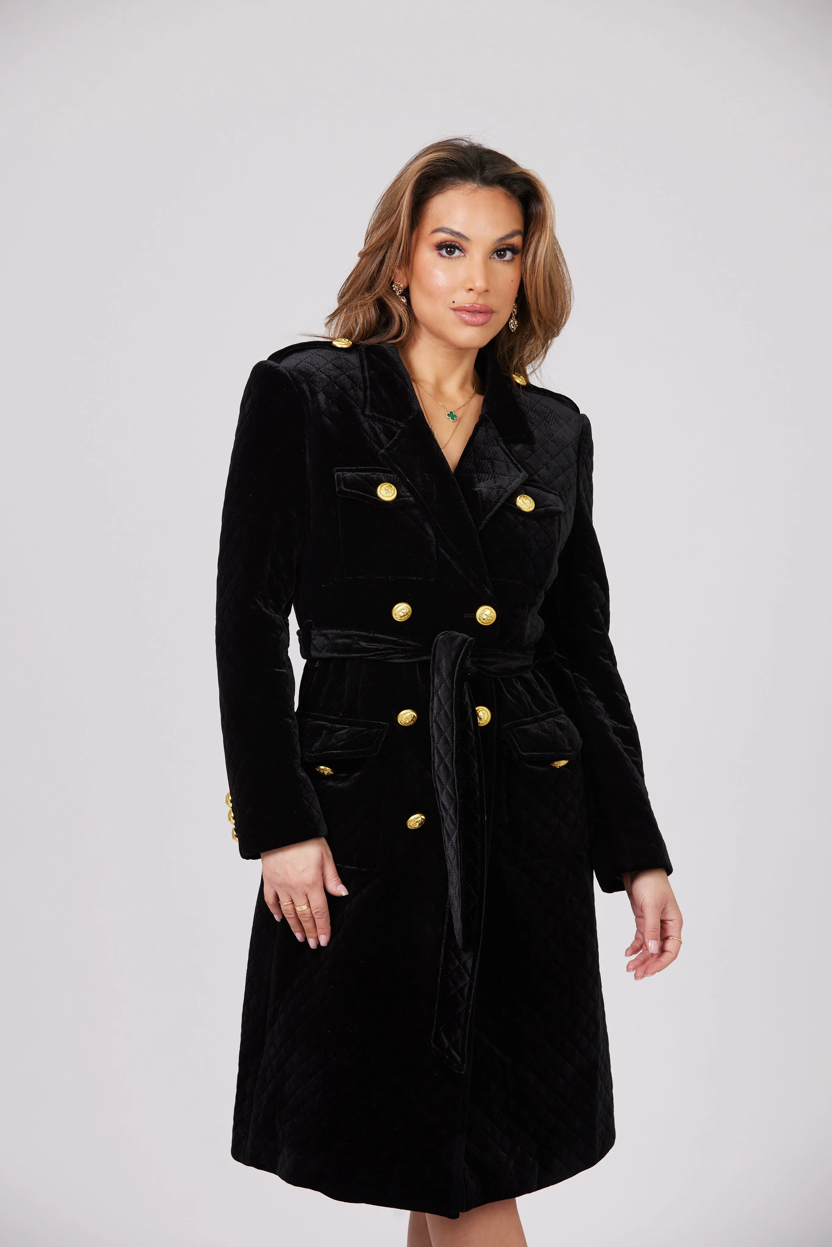 LOUJAIN MAXI BLACK VELVET TRENCH COAT