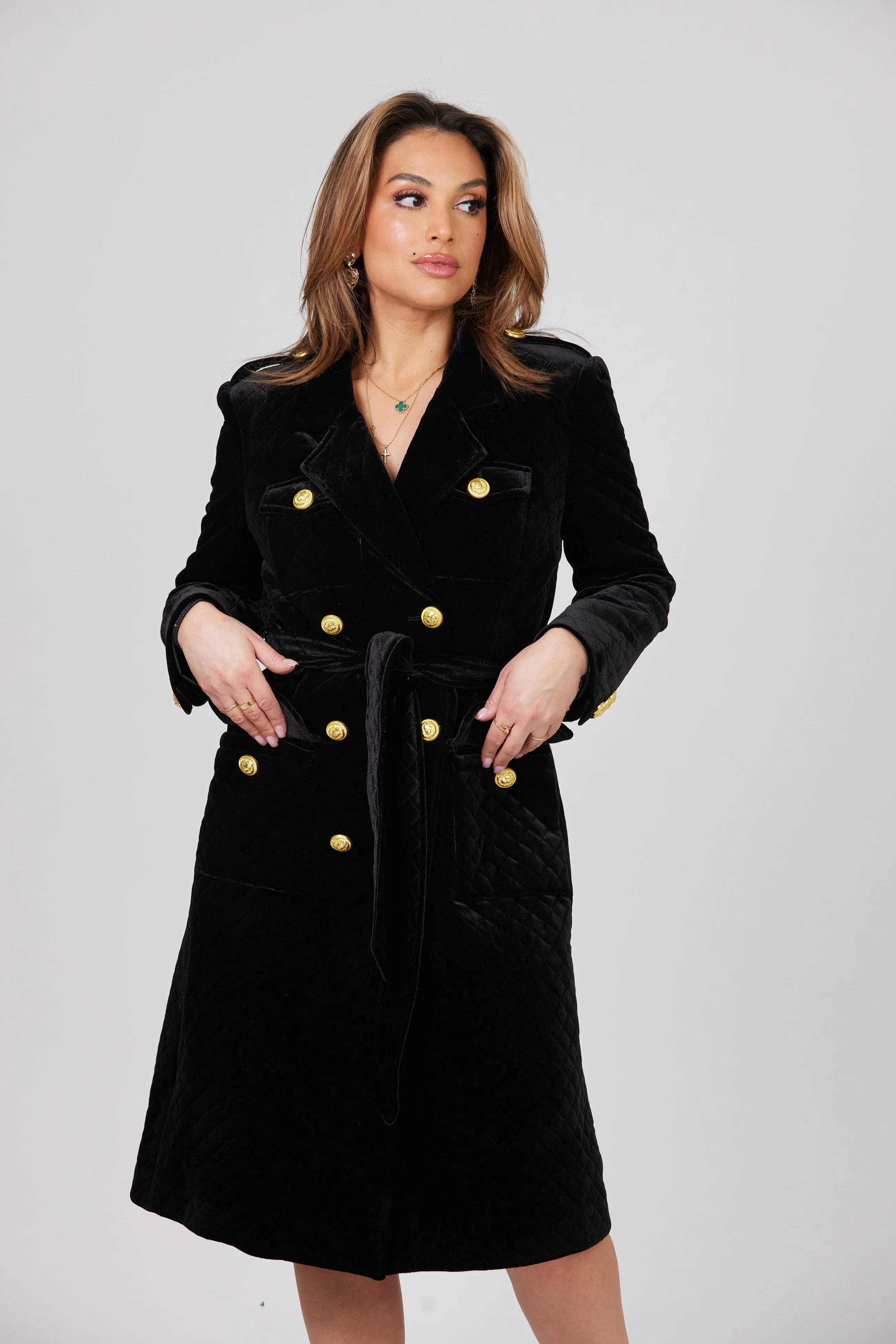 LOUJAIN MAXI BLACK VELVET TRENCH COAT