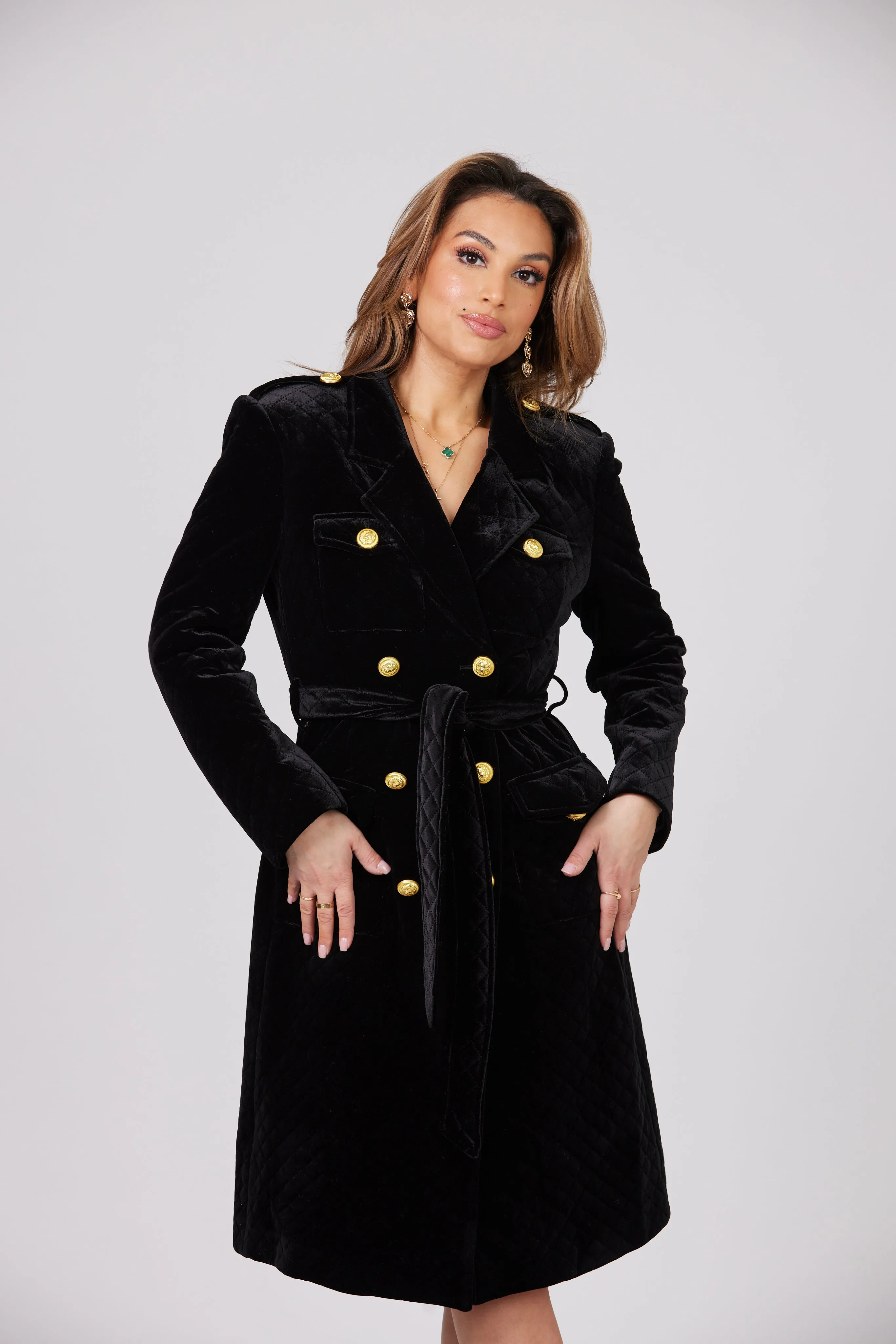 LOUJAIN MAXI BLACK VELVET TRENCH COAT