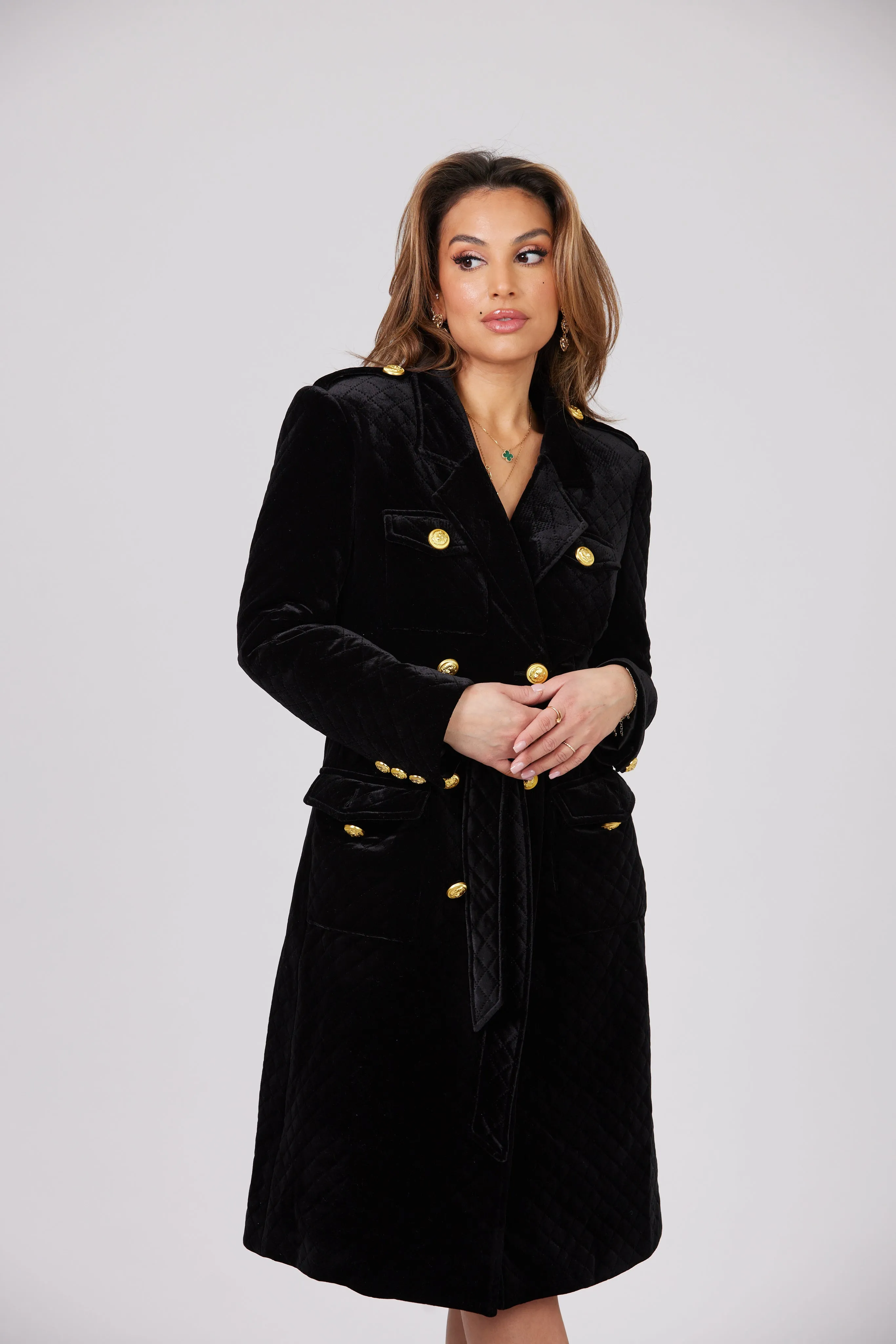 LOUJAIN MAXI BLACK VELVET TRENCH COAT