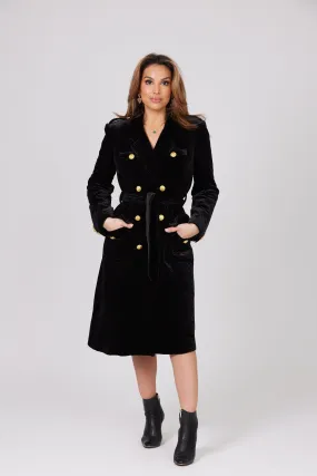 LOUJAIN MAXI BLACK VELVET TRENCH COAT