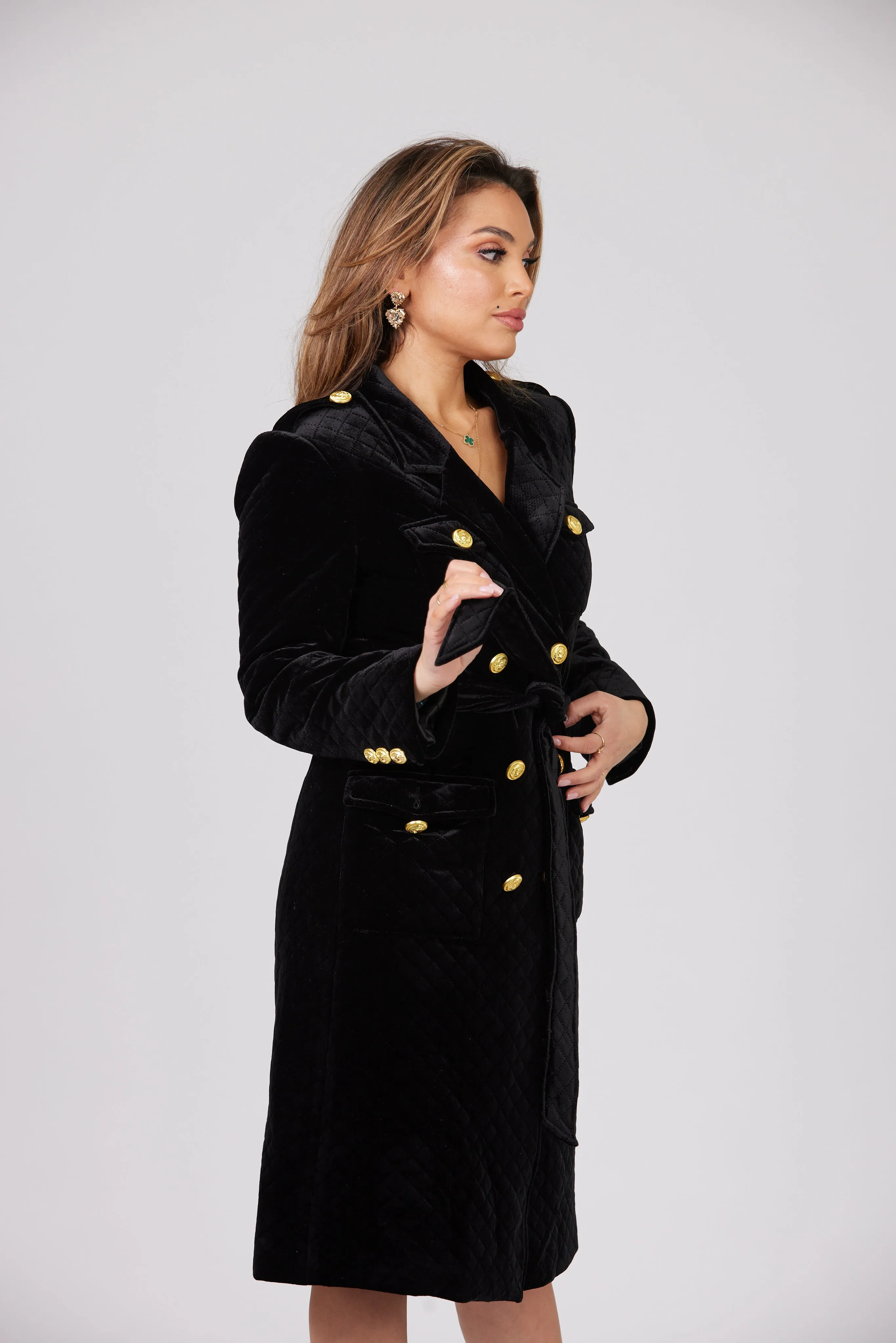 LOUJAIN MAXI BLACK VELVET TRENCH COAT