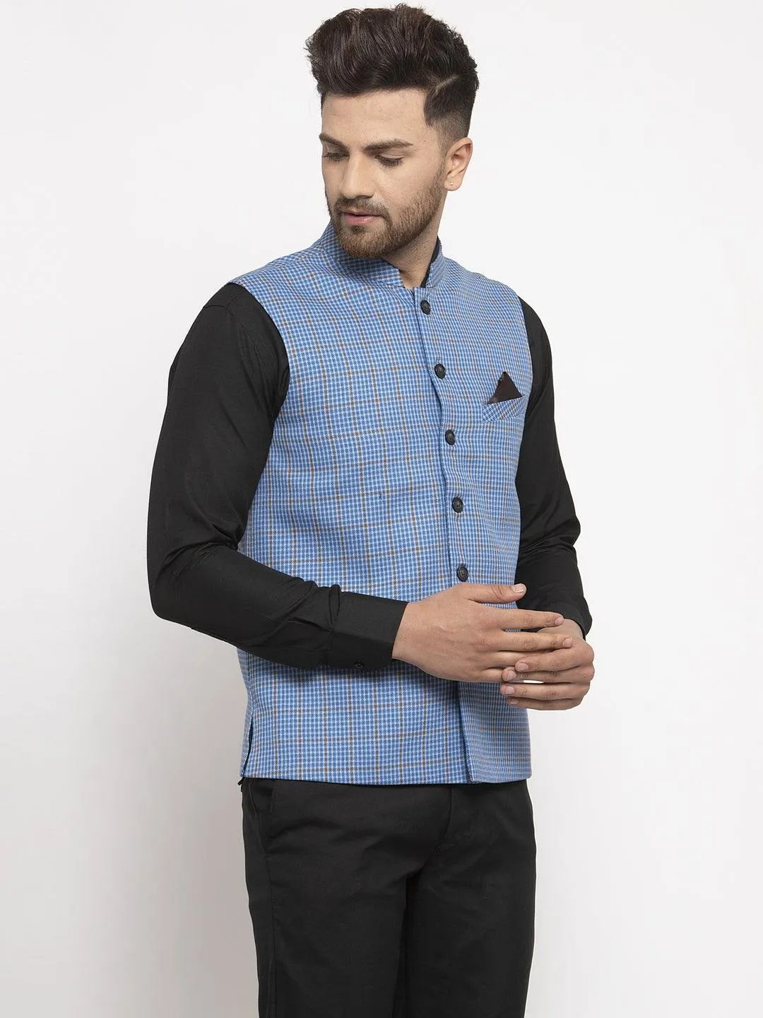 Men's Dhrohar Checkered Wool Nehru Jacket / Waistcoat - Blue - Size - 38 - Neudis Men