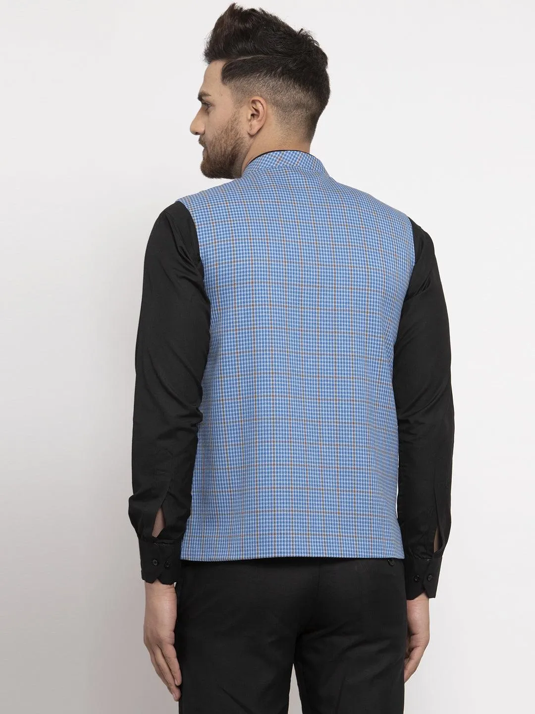 Men's Dhrohar Checkered Wool Nehru Jacket / Waistcoat - Blue - Size - 38 - Neudis Men