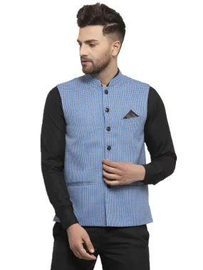 Men's Dhrohar Checkered Wool Nehru Jacket / Waistcoat - Blue - Size - 38 - Neudis Men