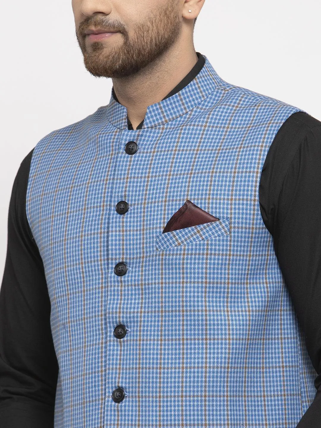 Men's Dhrohar Checkered Wool Nehru Jacket / Waistcoat - Blue - Size - 38 - Neudis Men