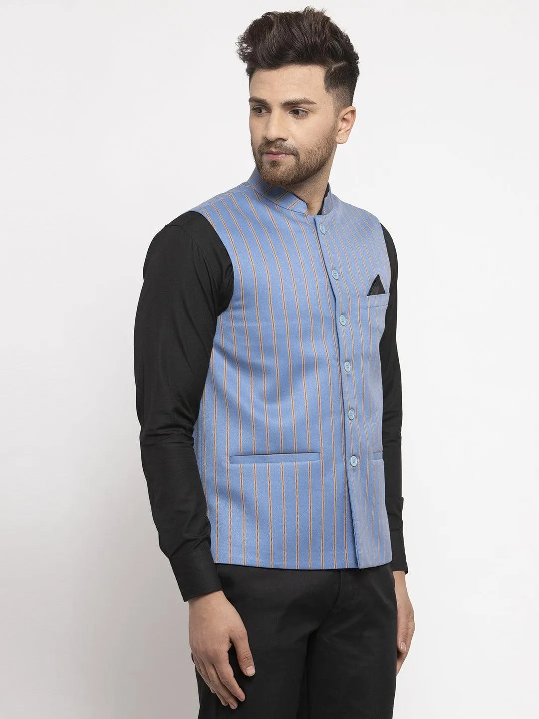 Men's Dhrohar Checkered Wool Nehru Jacket / Waistcoat - T Blue & Yellow - Size - 38 - Neudis Men