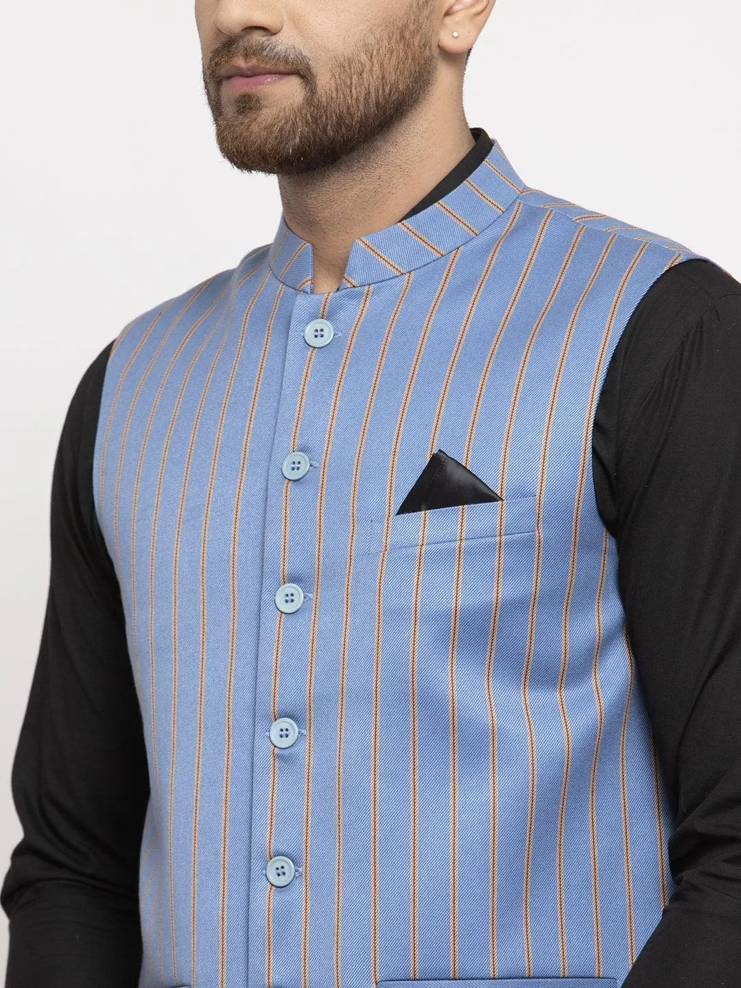 Men's Dhrohar Checkered Wool Nehru Jacket / Waistcoat - T Blue & Yellow - Size - 38 - Neudis Men