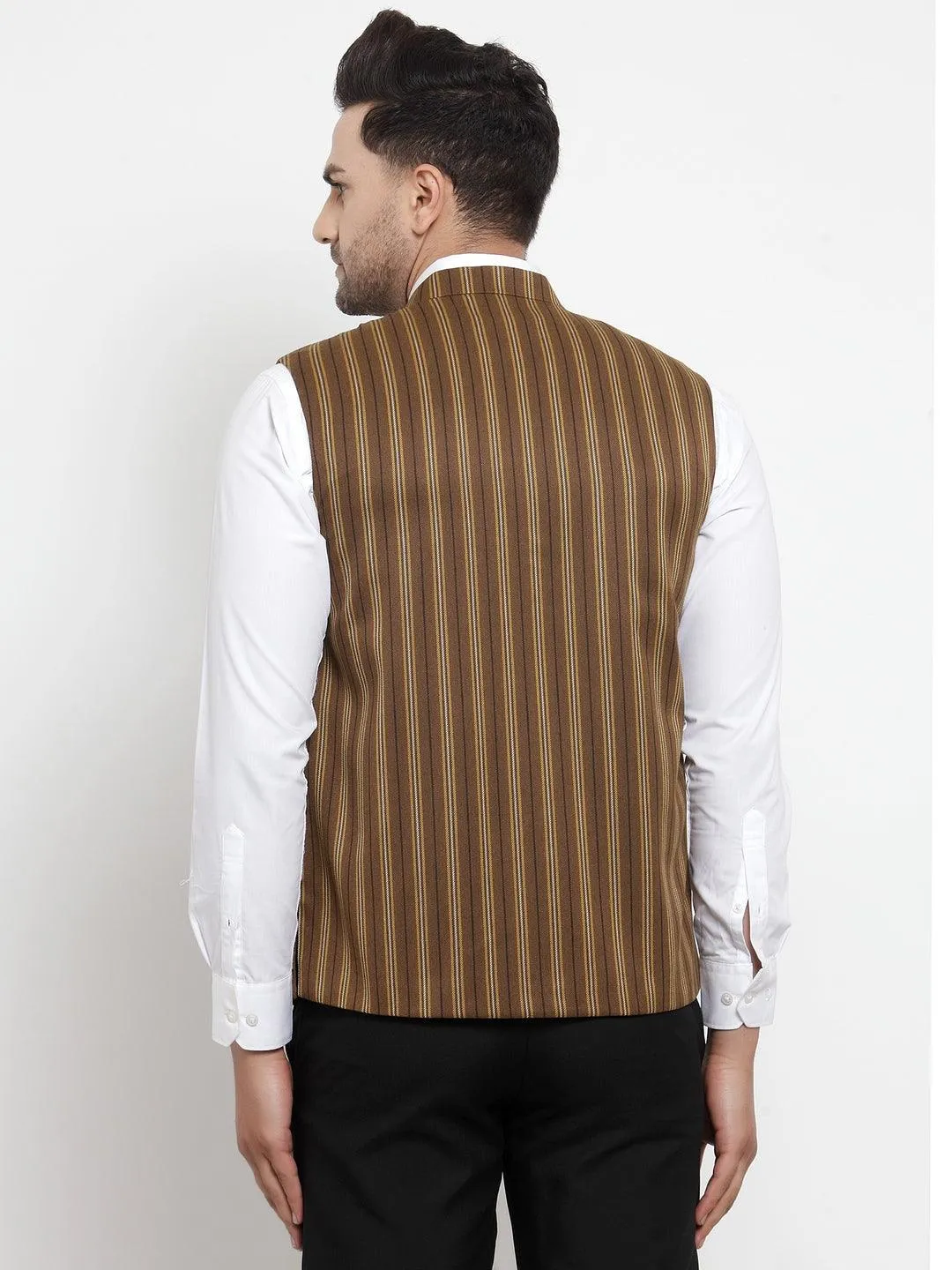 Men's Dhrohar Striped Wool Nehru Jacket / Waistcoat - Brown And Yellow - Size - 38 - Neudis Men