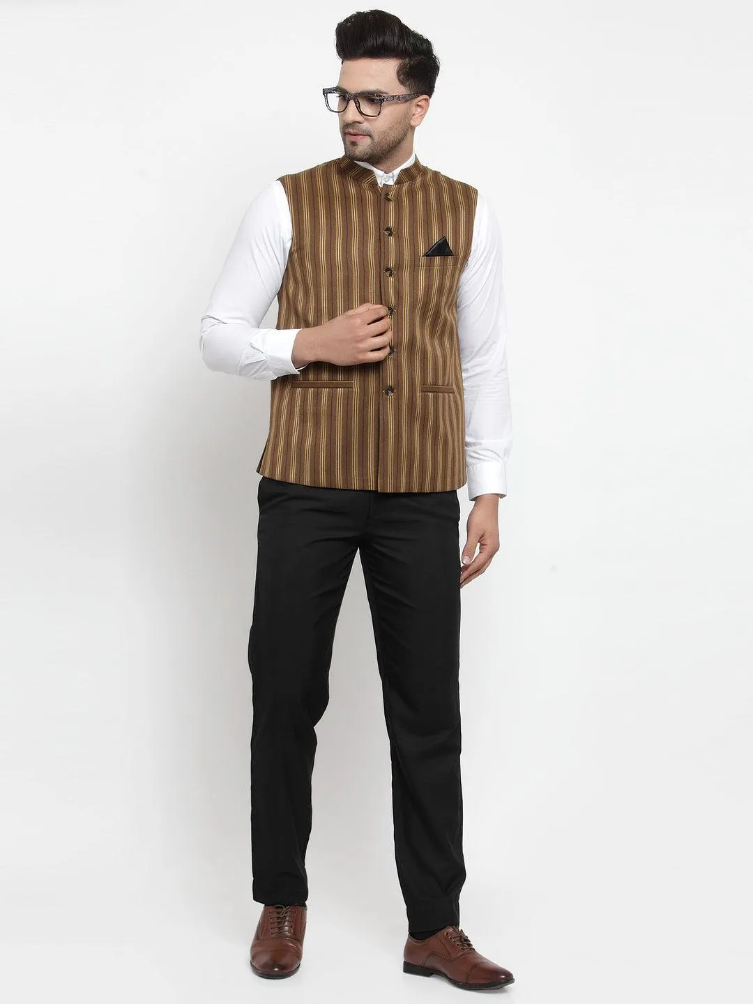 Men's Dhrohar Striped Wool Nehru Jacket / Waistcoat - Brown And Yellow - Size - 38 - Neudis Men