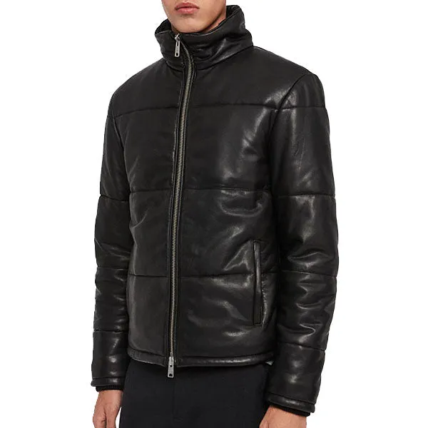 Mens Jet Black Leather Puffer Jacket