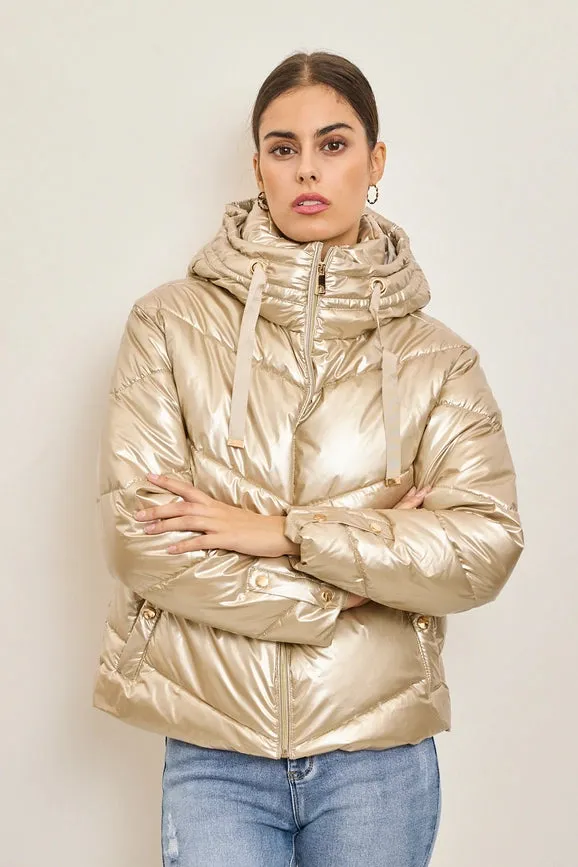 Metallic Down Jacket with Adjustable Hood and Snap Button Pockets Beige