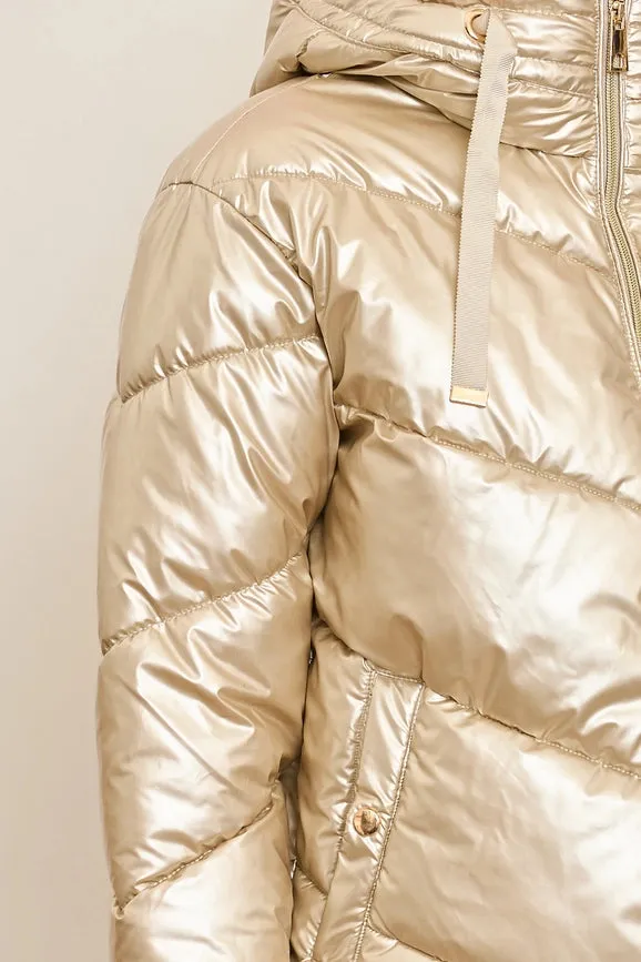 Metallic Down Jacket with Adjustable Hood and Snap Button Pockets Beige