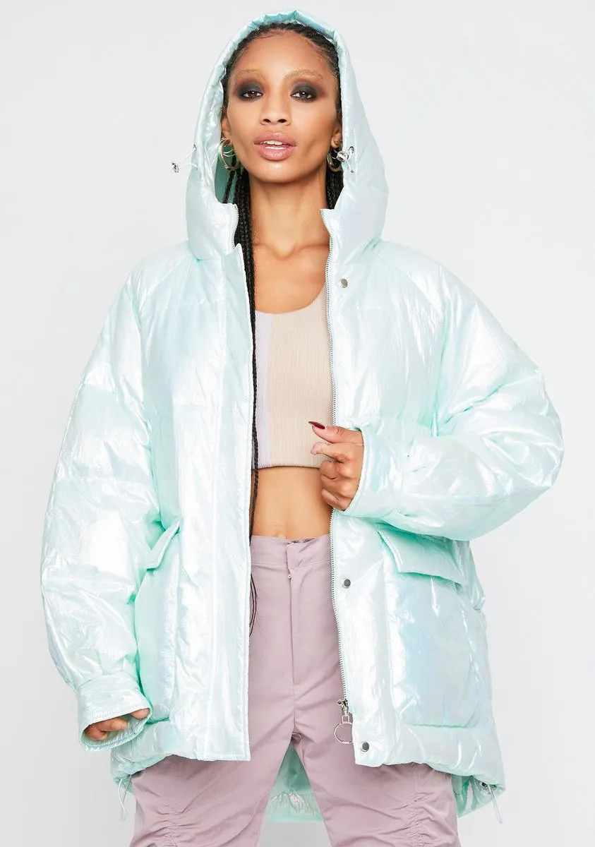 Metallic Mint Hooded Puffer Jacket